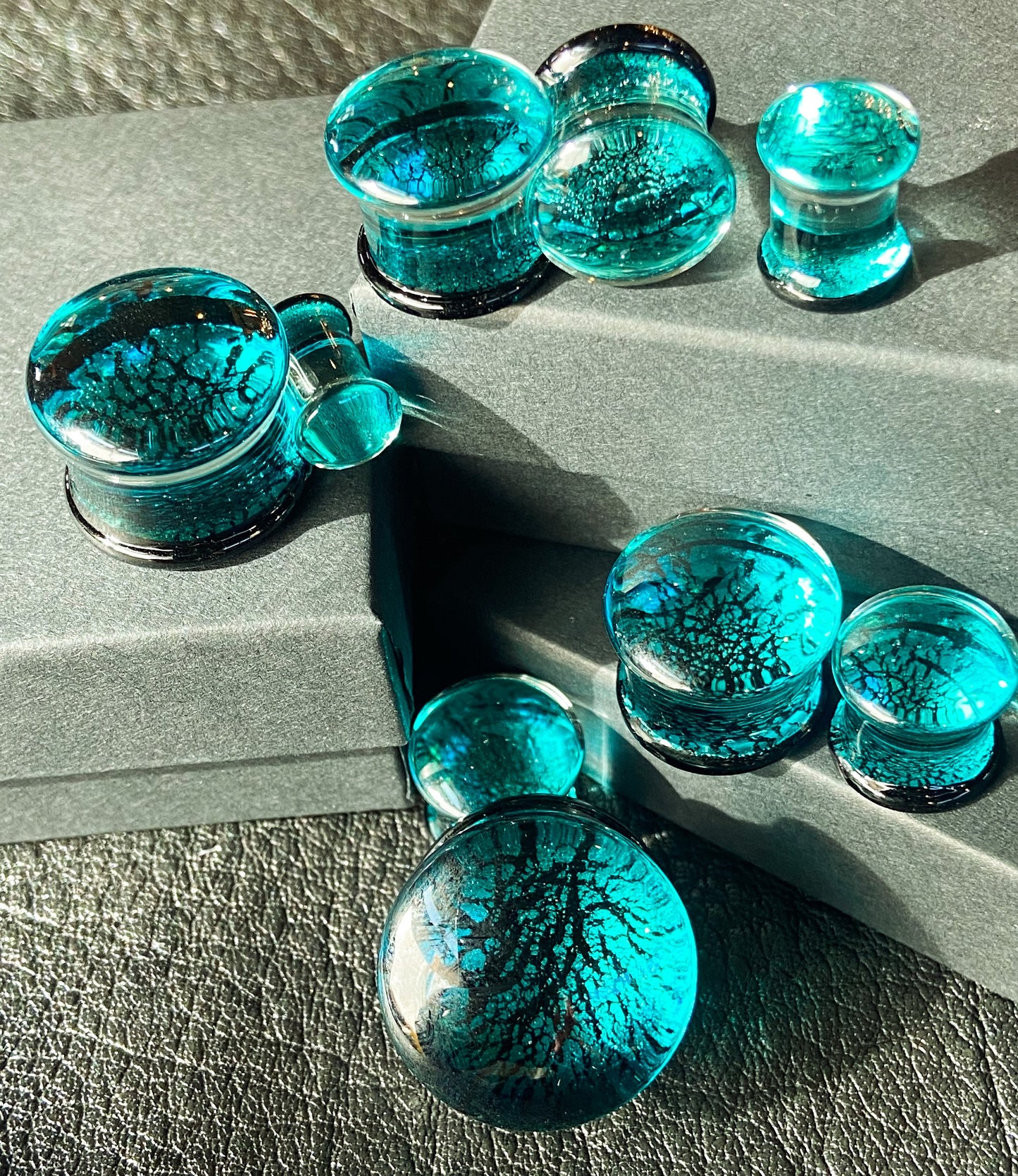 PAIR of Beautiful Aqua & Black Fracture Design Glass Double Flare Plugs - Gauges 2g (6mm) through 3/4" (19mm) available!