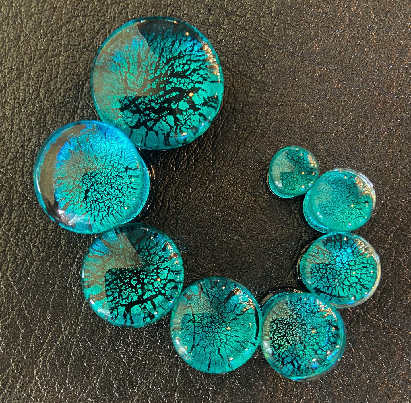 PAIR of Beautiful Aqua & Black Fracture Design Glass Double Flare Plugs - Gauges 2g (6mm) through 3/4" (19mm) available!