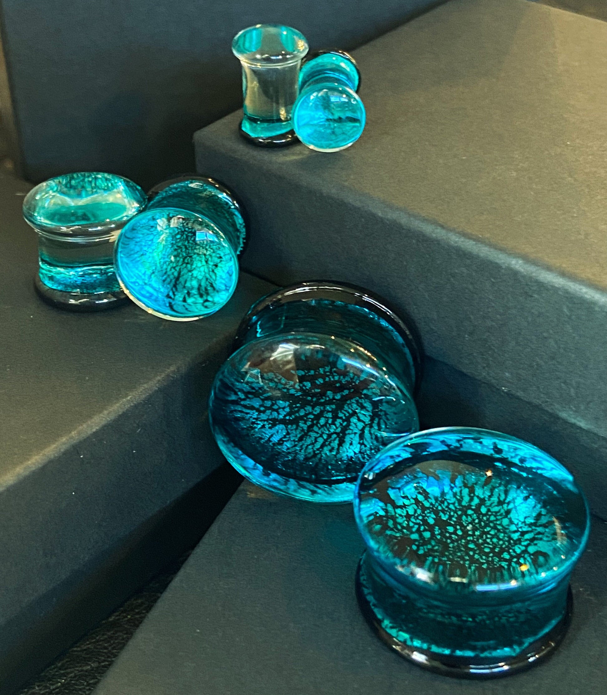 PAIR of Beautiful Aqua & Black Fracture Design Glass Double Flare Plugs - Gauges 2g (6mm) through 3/4" (19mm) available!