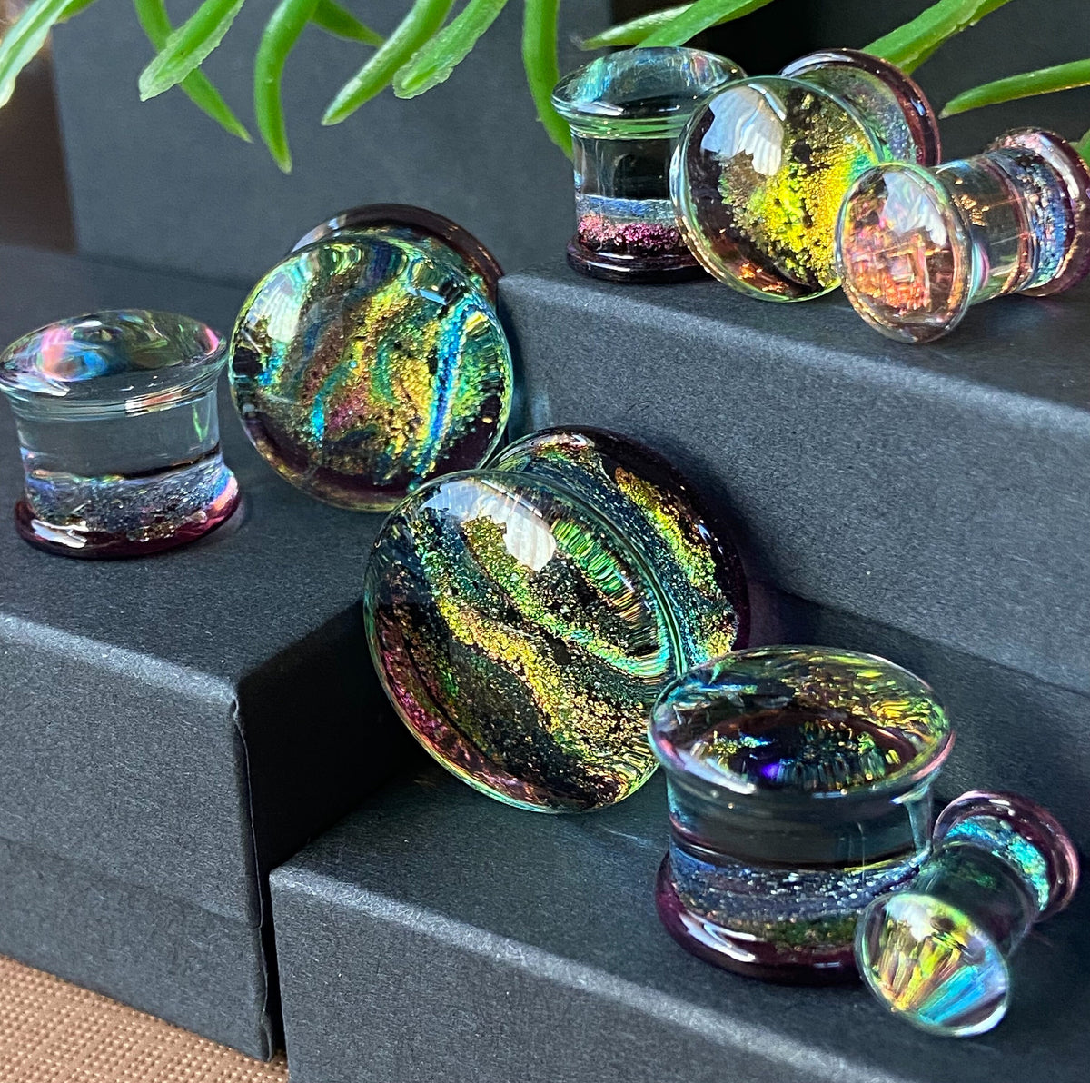 PAIR of Unique Purple Dichroic Glass Double Flare Plugs - Gauges 2g (6mm) through 3/4" (19mm) available!