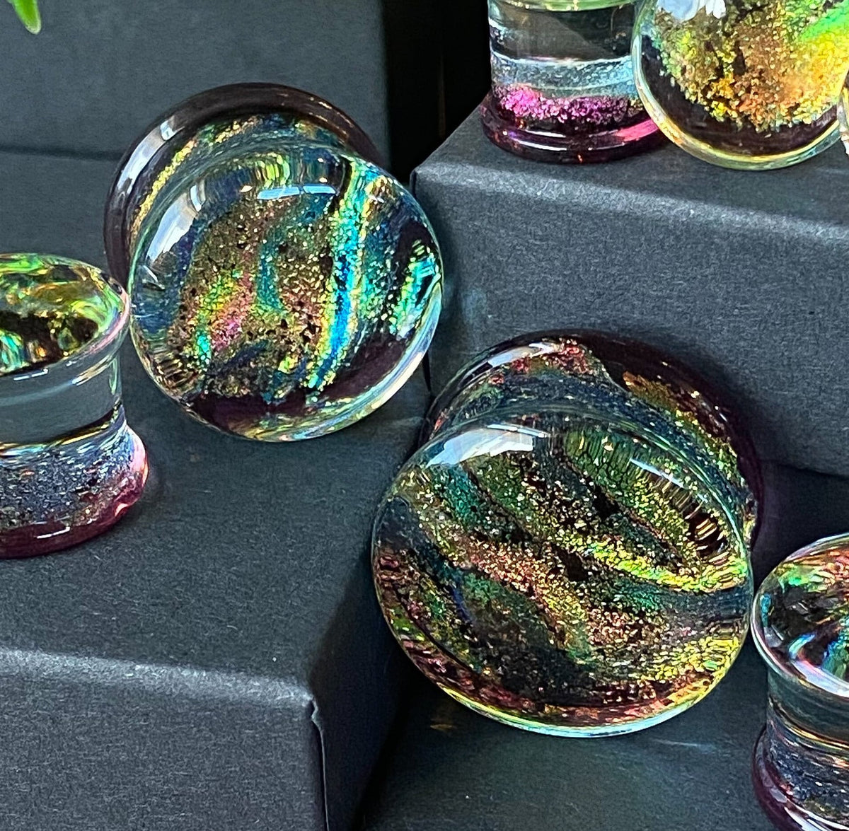 PAIR of Unique Purple Dichroic Glass Double Flare Plugs - Gauges 2g (6mm) through 3/4" (19mm) available!