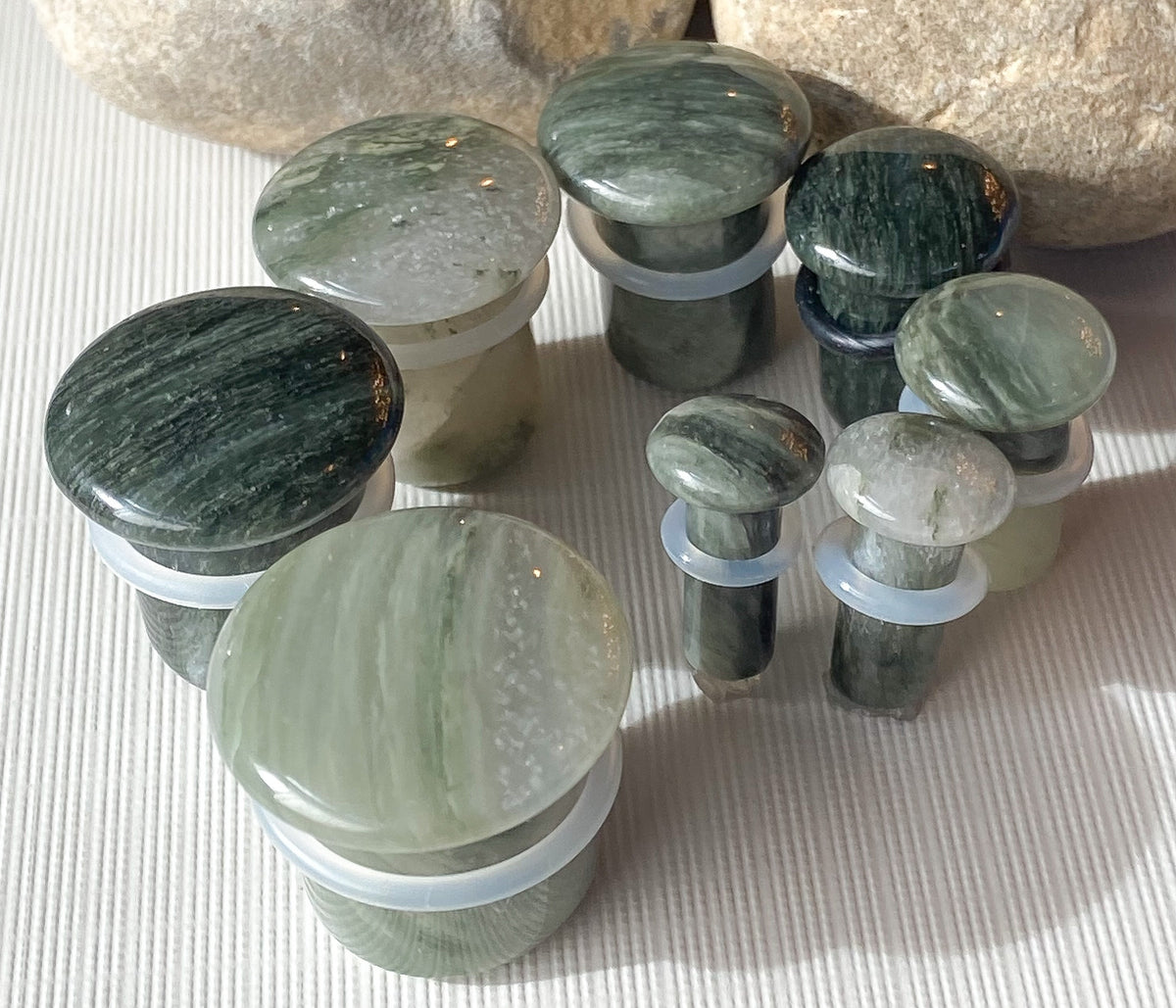 PAIR of Beautiful Organic Single Flare Green Jasper Stone Plugs with O-Rings - Gauges 4g (5mm) up to 5/8" (16mm) available!