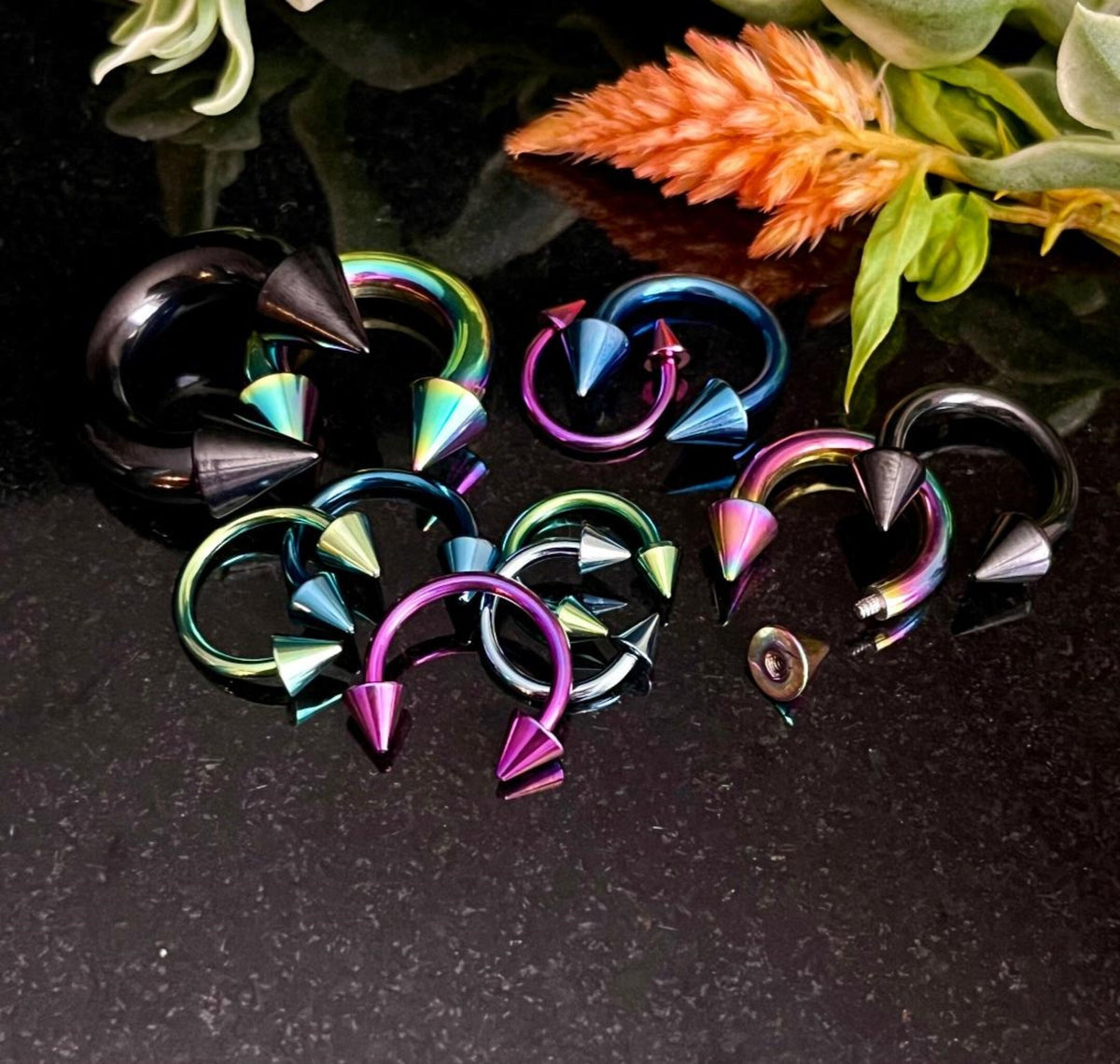 1 Piece Stunning Titanium Spiked Barbell Horseshoe Ring - 16g thru 12g - OTHER Colors Available in our listings!
