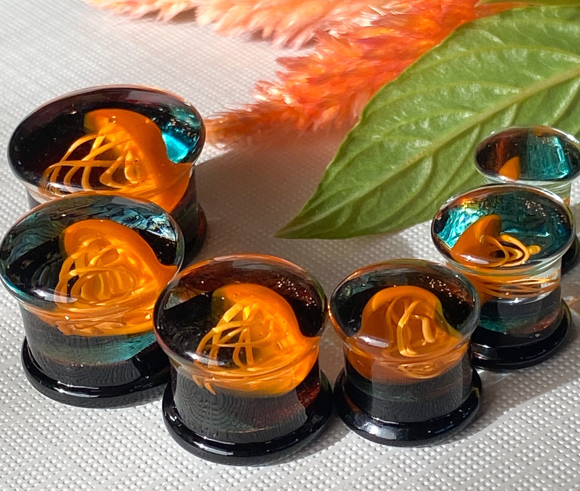 PAIR of Unique Floating Orange Jellyfish Pyrex Glass Double Flare Plugs -Gauges 0g (8mm) through 5/8" (16mm) available!