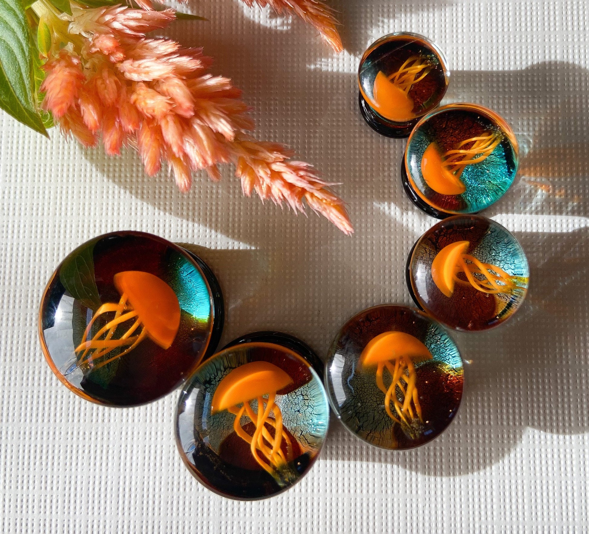 PAIR of Unique Floating Orange Jellyfish Pyrex Glass Double Flare Plugs -Gauges 0g (8mm) through 5/8" (16mm) available!