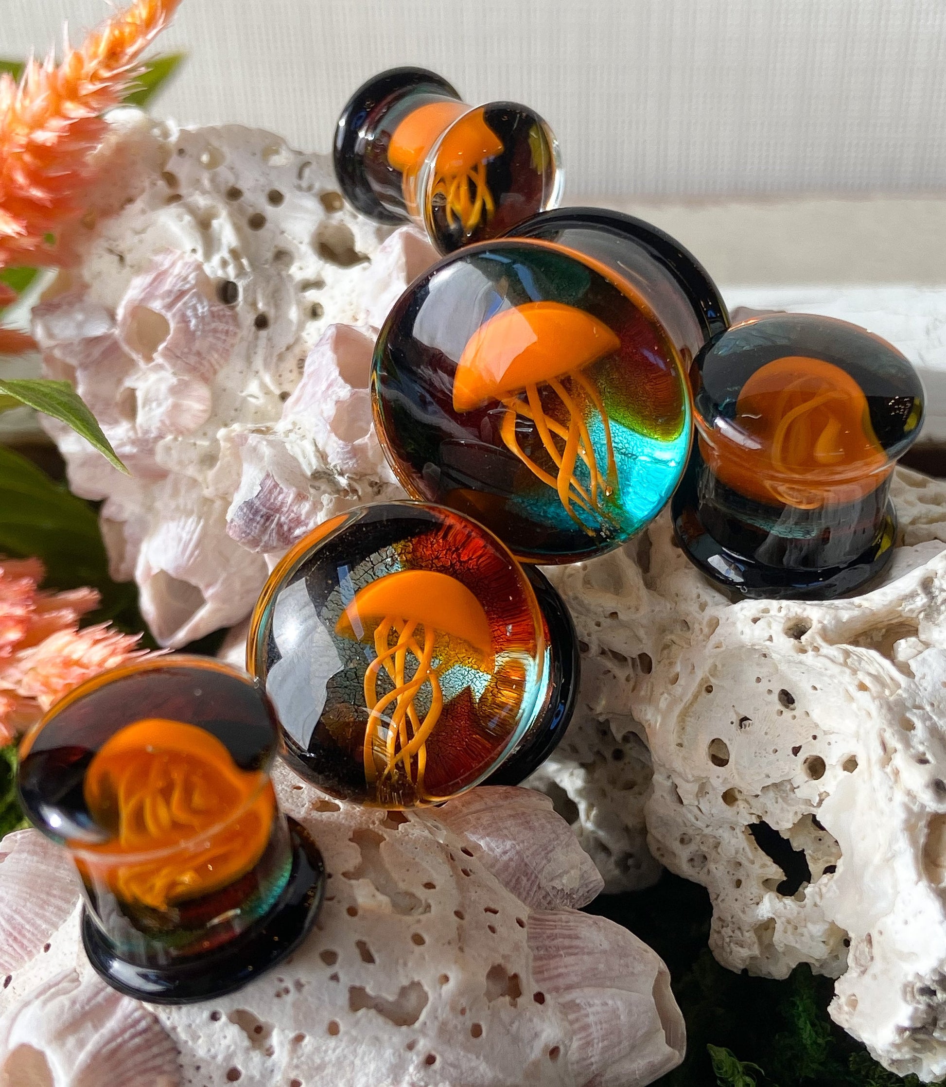 PAIR of Unique Floating Orange Jellyfish Pyrex Glass Double Flare Plugs -Gauges 0g (8mm) through 5/8" (16mm) available!