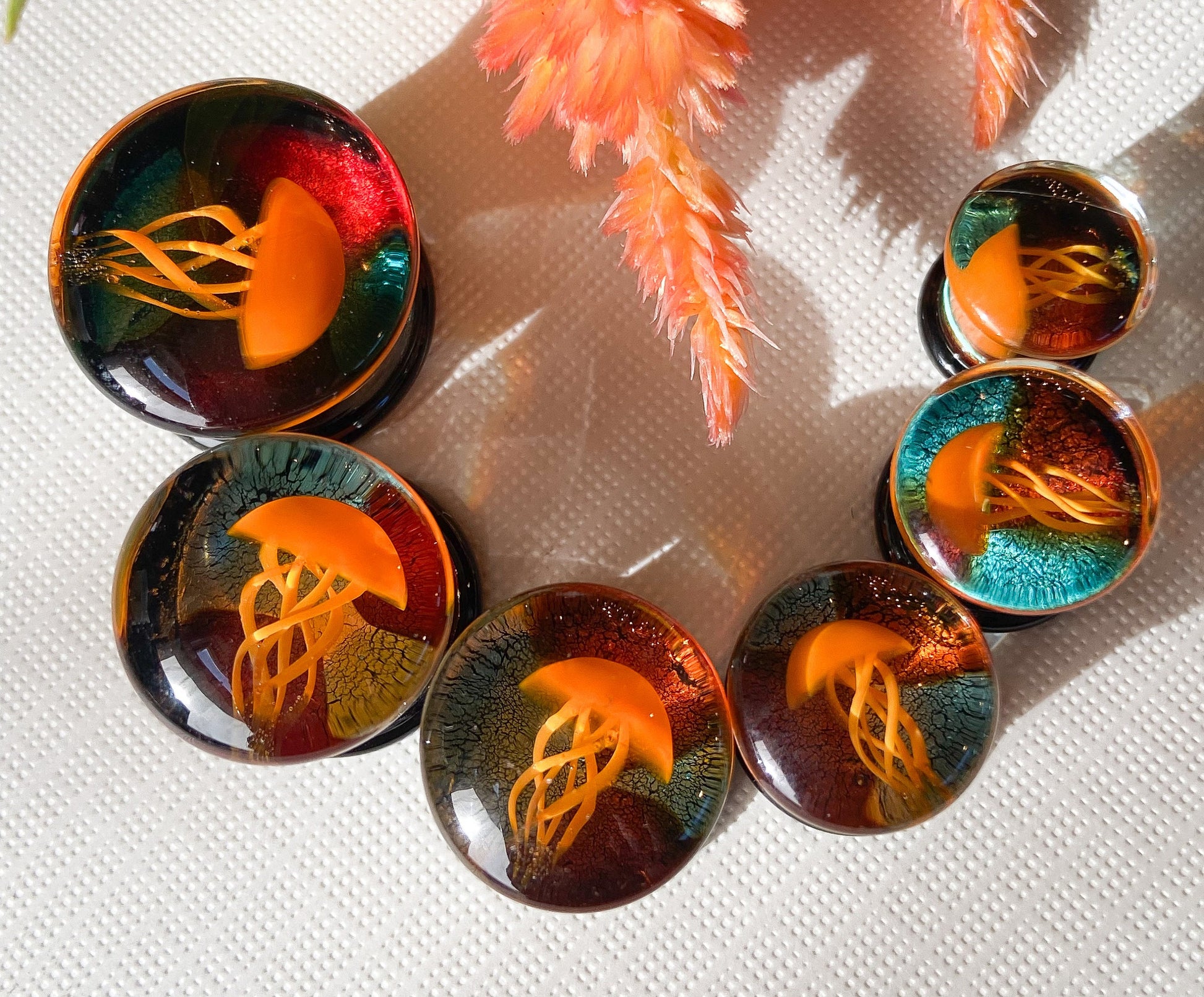 PAIR of Unique Floating Orange Jellyfish Pyrex Glass Double Flare Plugs -Gauges 0g (8mm) through 5/8" (16mm) available!