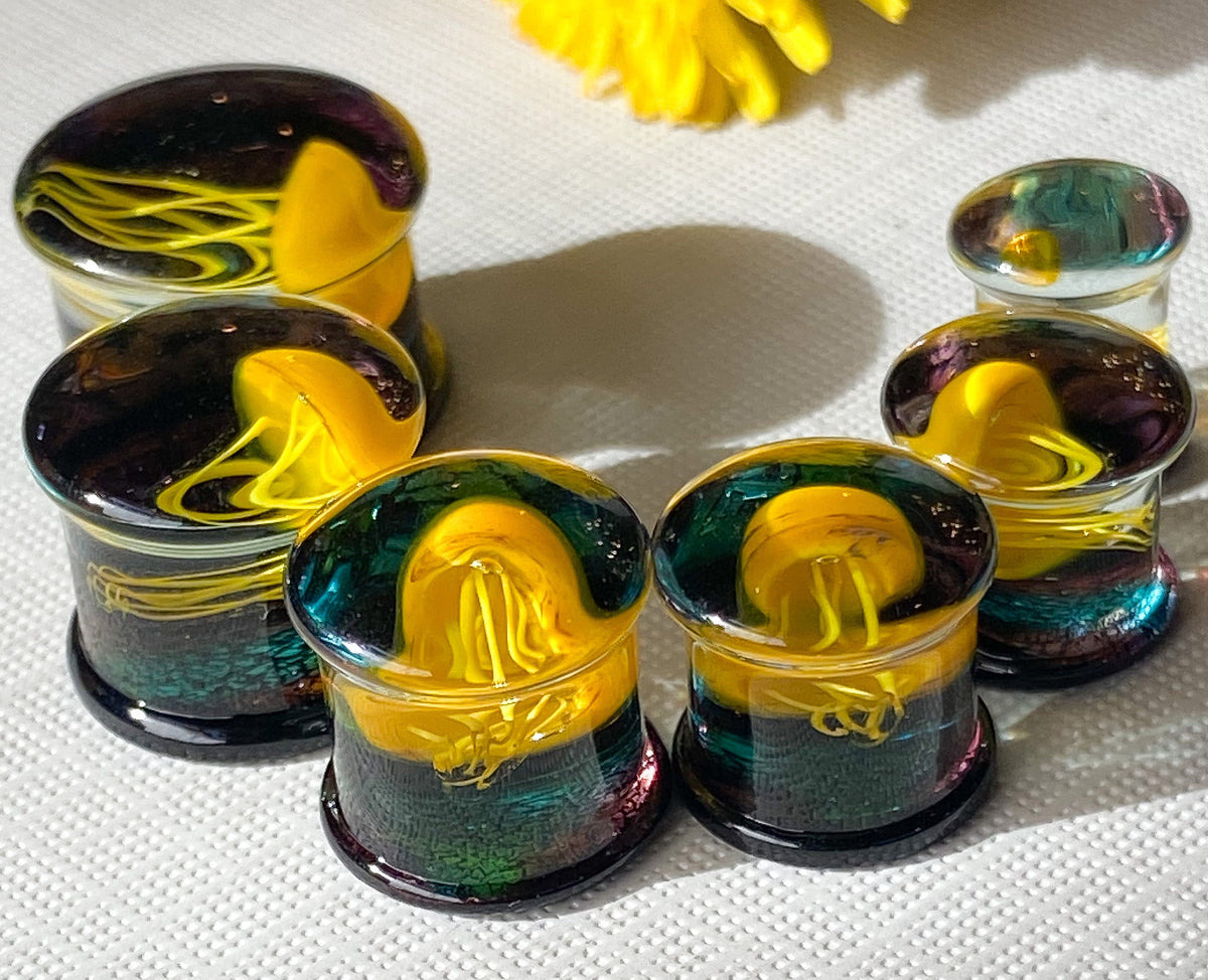 PAIR of Beautiful Floating Yellow Jellyfish Pyrex Glass Double Flare Plugs -Gauges 0g (8mm) through 5/8" (16mm) available!