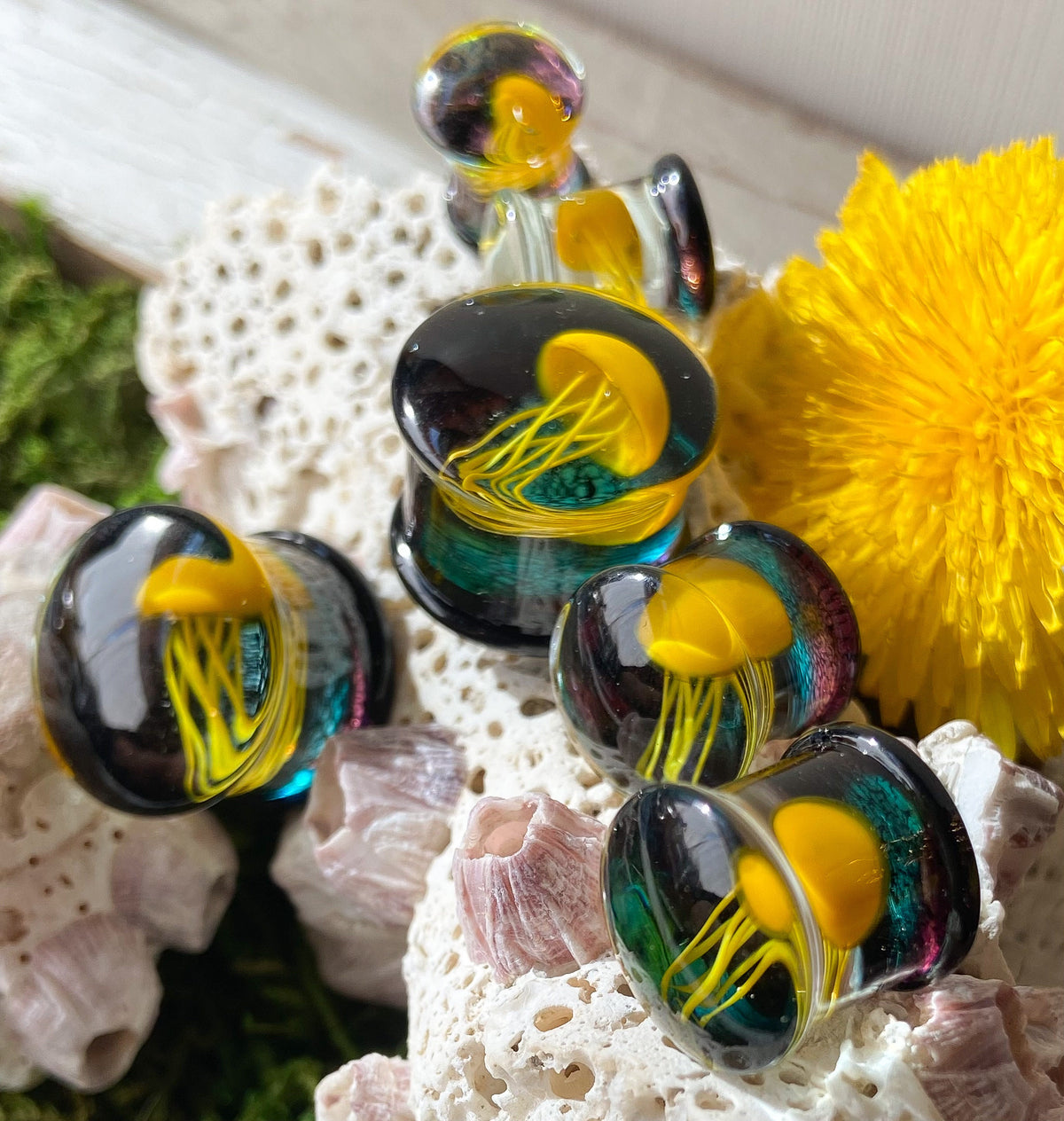 PAIR of Beautiful Floating Yellow Jellyfish Pyrex Glass Double Flare Plugs -Gauges 0g (8mm) through 5/8" (16mm) available!