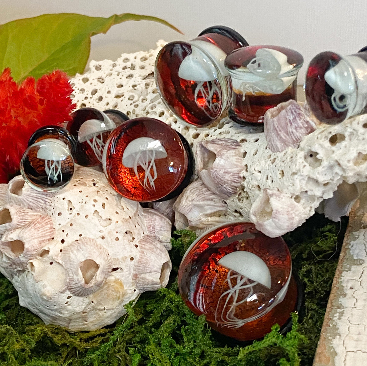 PAIR of White Jellyfish Red Background Pyrex Glass Double Flare Plugs -Gauges 0g (8mm) through 3/4" (19mm) available!