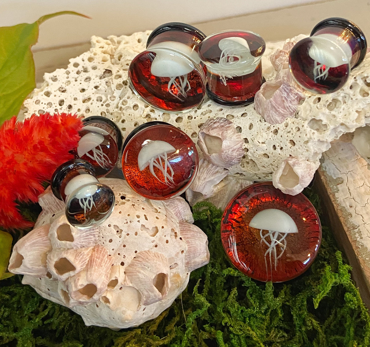 PAIR of White Jellyfish Red Background Pyrex Glass Double Flare Plugs -Gauges 0g (8mm) through 3/4" (19mm) available!