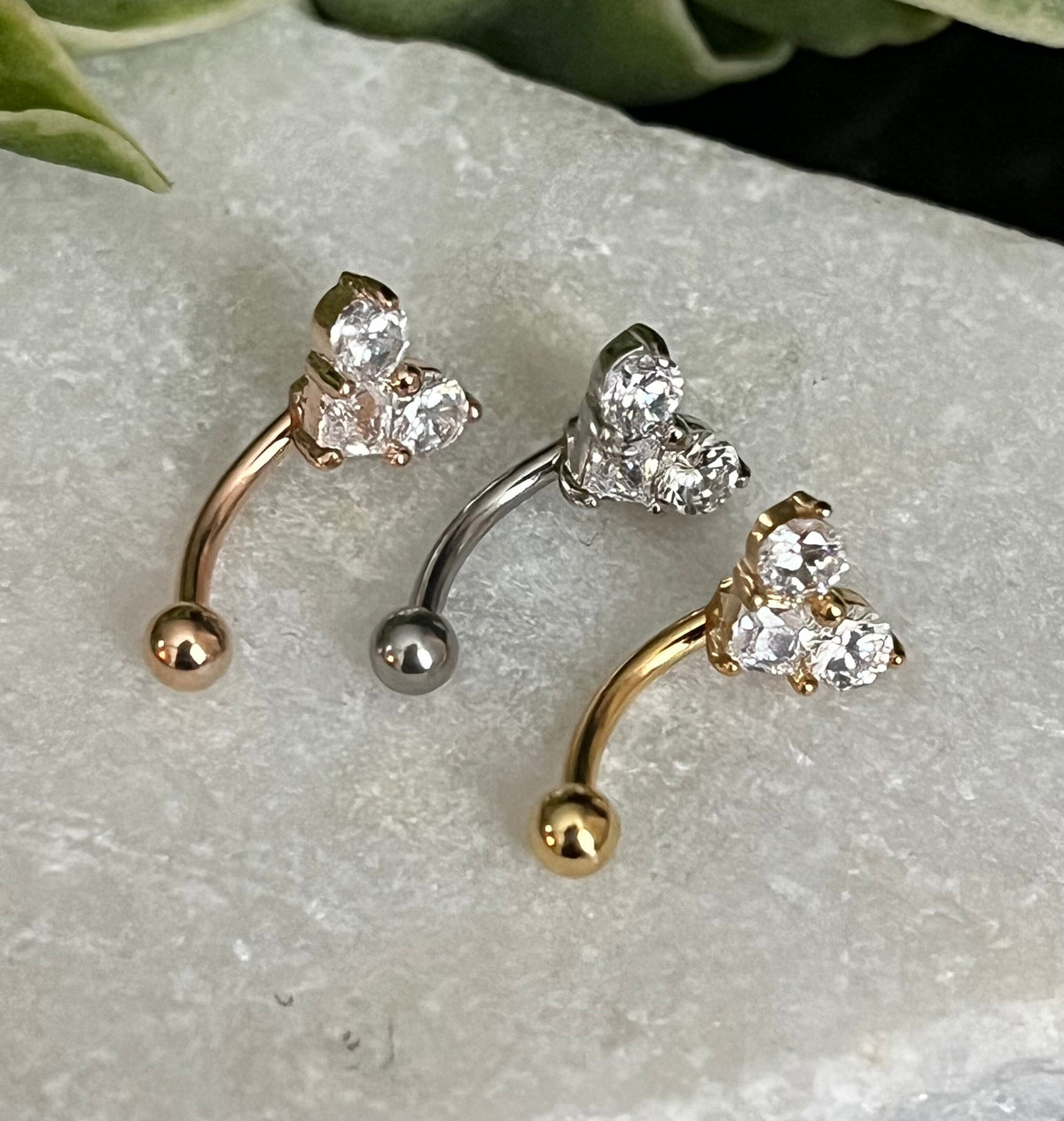 1 Brilliant Three CZ Gem Heart Eyebrow Ring with Curved Barbell - 16g (1.2mm), length 5/16" (8mm) - Silver, Gold or Rose Gold available!