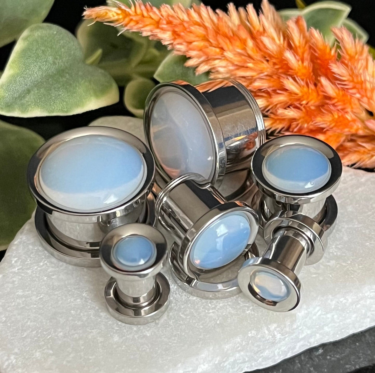 PAIR of Stunning Opalite Dome Steel Screw Fit Tunnels/Plugs - Gauges 2g (6mm) thru 5/8" (16mm) available!