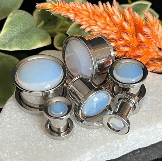 PAIR of Stunning Opalite Dome Steel Screw Fit Tunnels/Plugs - Gauges 2g (6mm) thru 5/8" (16mm) available!
