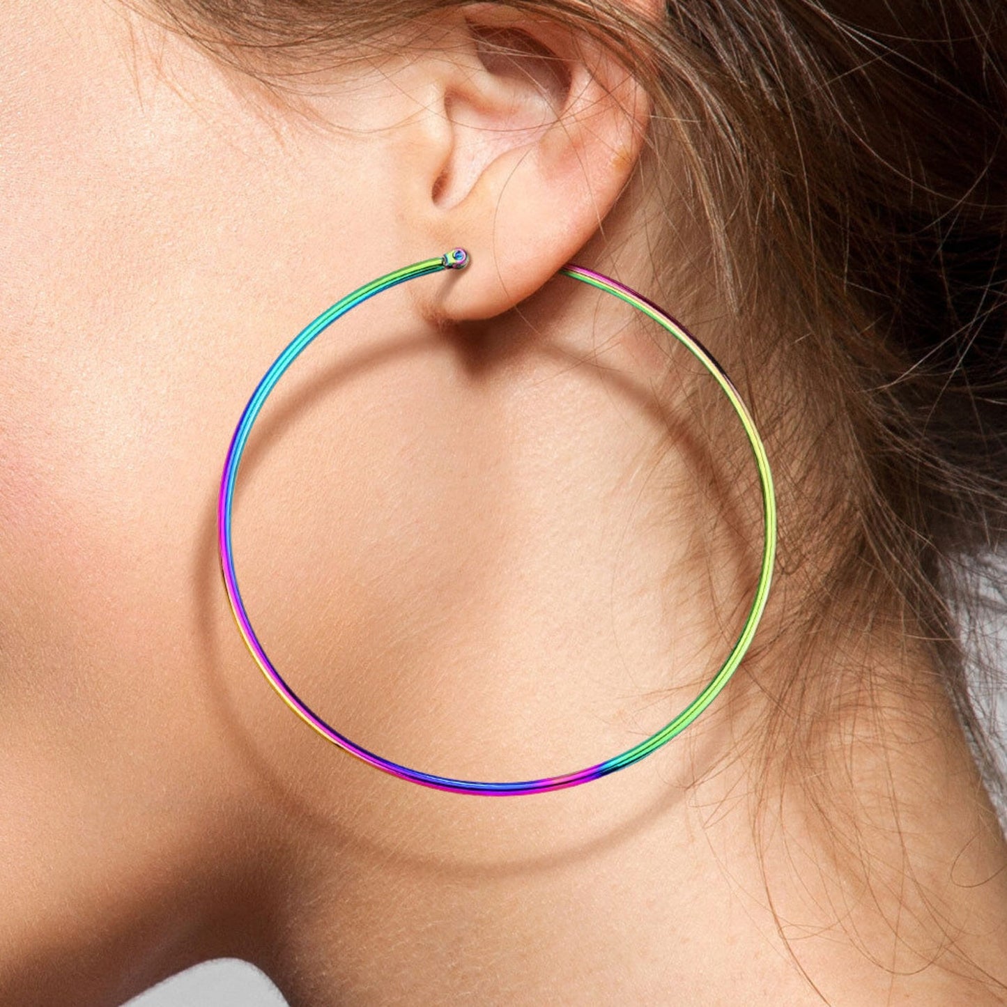 Pair of Stunningly Unique Rainbow Hoop Earrings - Ion Plated Stainless Steel Ring - 22g - 10mm thru 75mm Diameter Available!