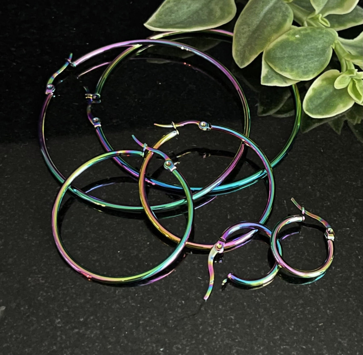 Pair of Stunningly Unique Rainbow Hoop Earrings - Ion Plated Stainless Steel Ring - 22g - 10mm thru 75mm Diameter Available!