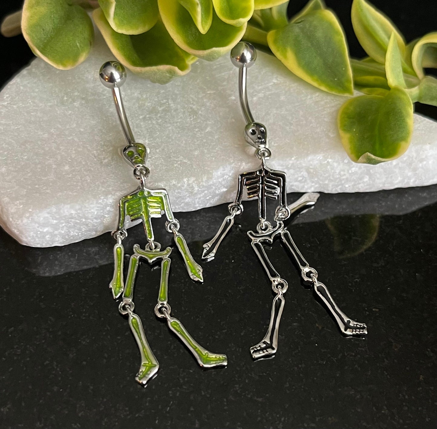 1 Piece Scary Skeleton Dangle Belly Ring Navel / Naval Belly Ring - 14g - 10mm - Green and Clear Available!
