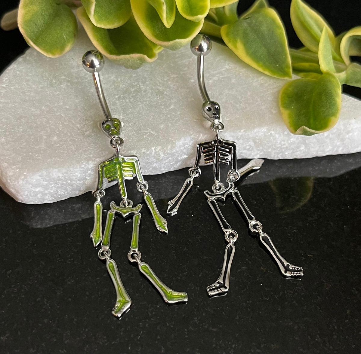 1 Piece Scary Skeleton Dangle Belly Ring Navel / Naval Belly Ring - 14g - 10mm - Green and Clear Available!