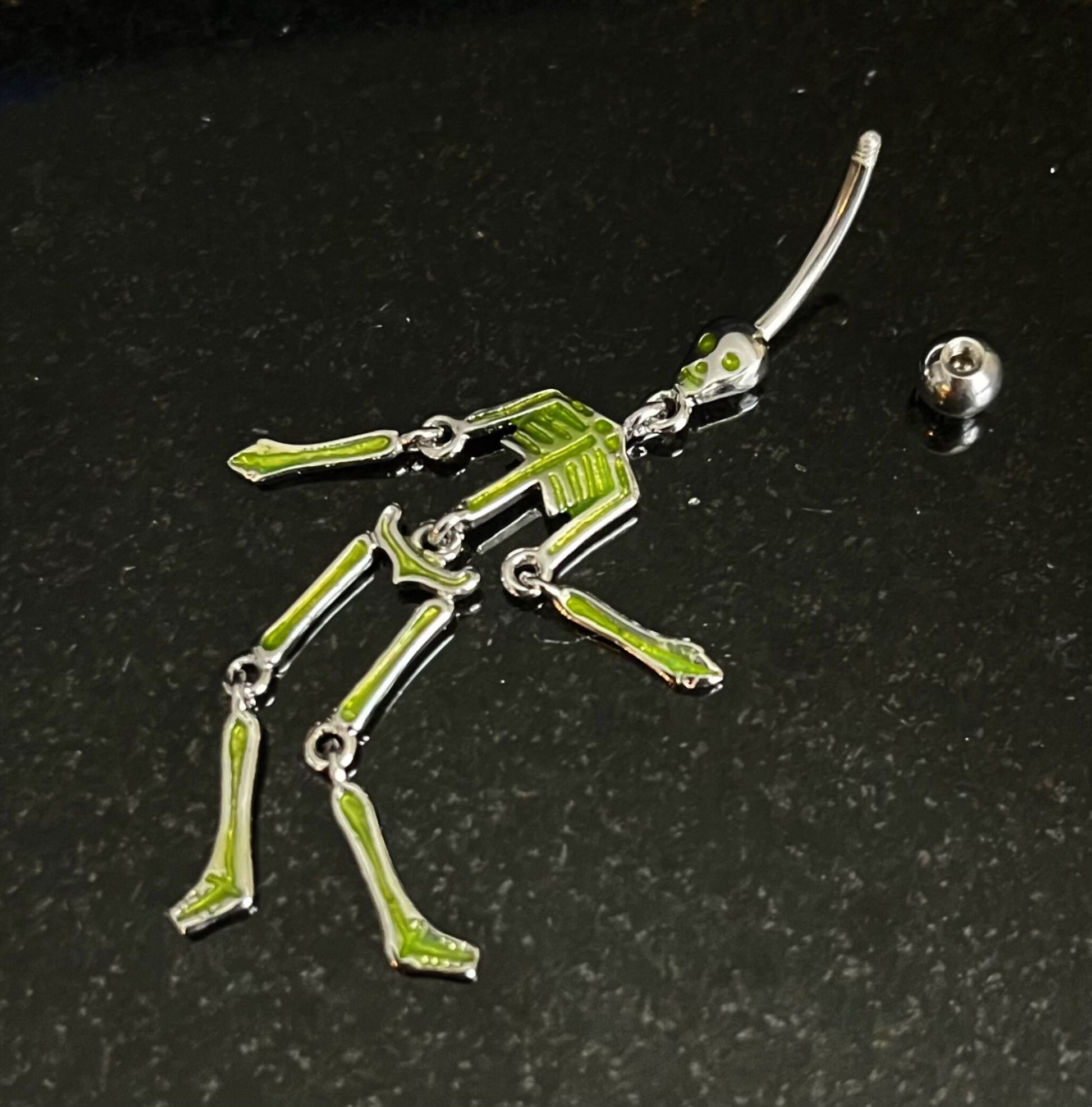 1 Piece Scary Skeleton Dangle Belly Ring Navel / Naval Belly Ring - 14g - 10mm - Green and Clear Available!