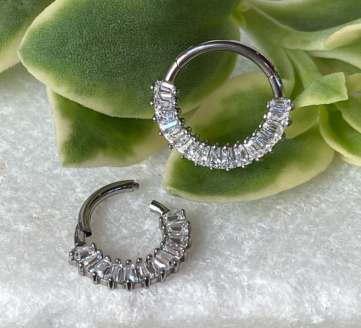 1 Piece Unique Solid Titanium Baguette CZ Gems Hinged Segment Ring - 16g- 8mm or 10mm, Black, Gold, & Silver with Different Gems Available!