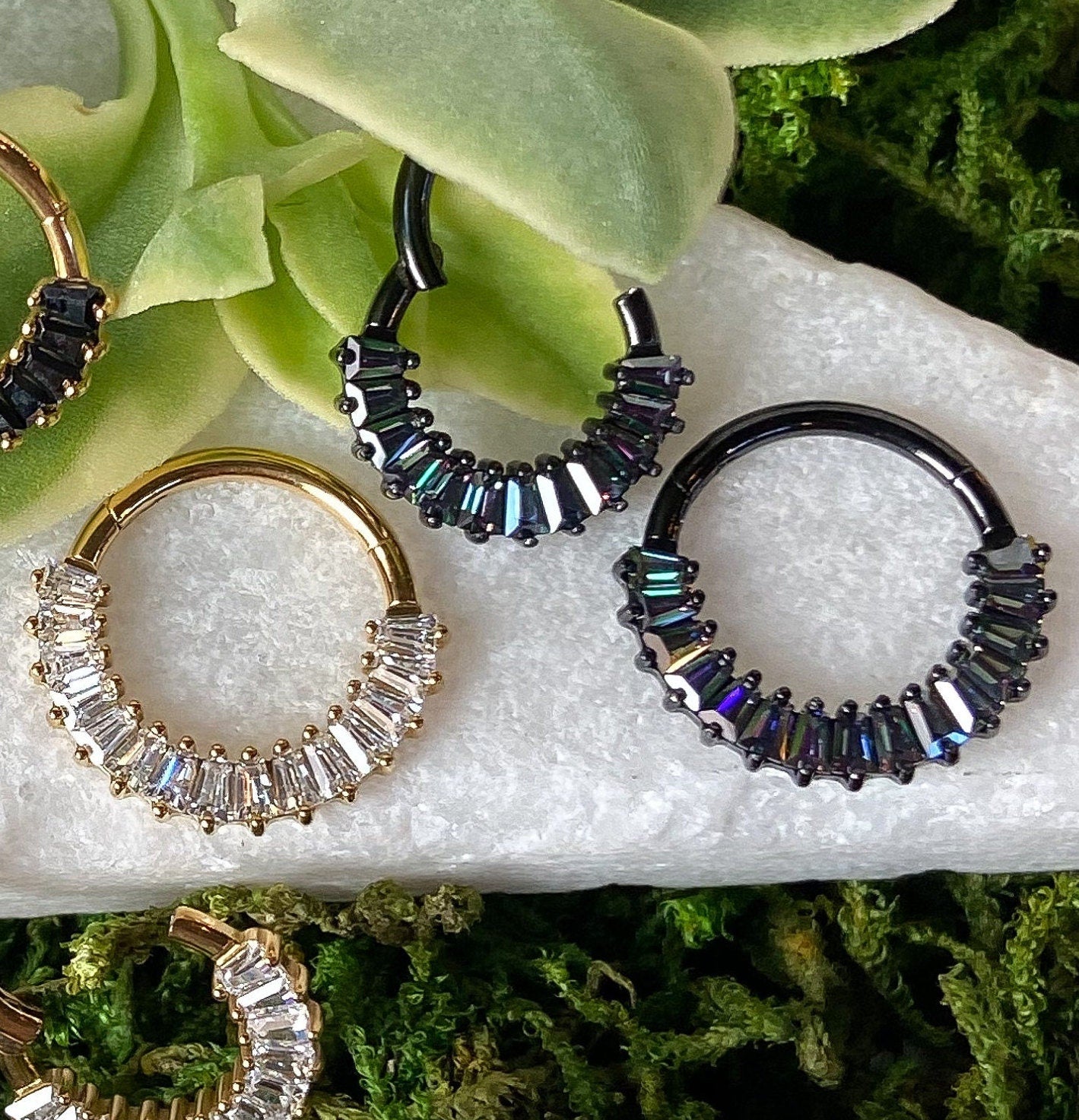 1 Piece Unique Solid Titanium Baguette CZ Gems Hinged Segment Ring - 16g- 8mm or 10mm, Black, Gold, & Silver with Different Gems Available!