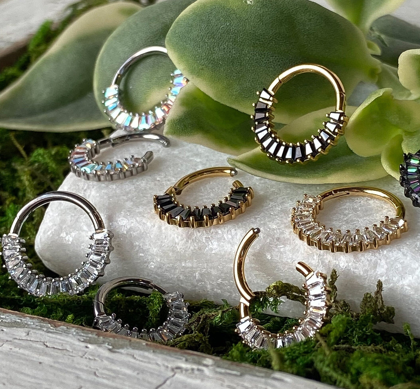 1 Piece Unique Solid Titanium Baguette CZ Gems Hinged Segment Ring - 16g- 8mm or 10mm, Black, Gold, & Silver with Different Gems Available!