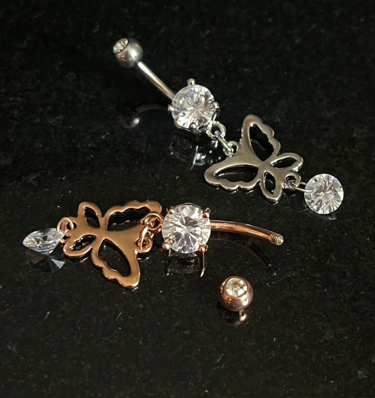 1 Piece Stunning Hollow Butterfly CZ Gem Dangle Navel / Naval Belly Ring - 14g - 10mm- Silver and Gold Available!