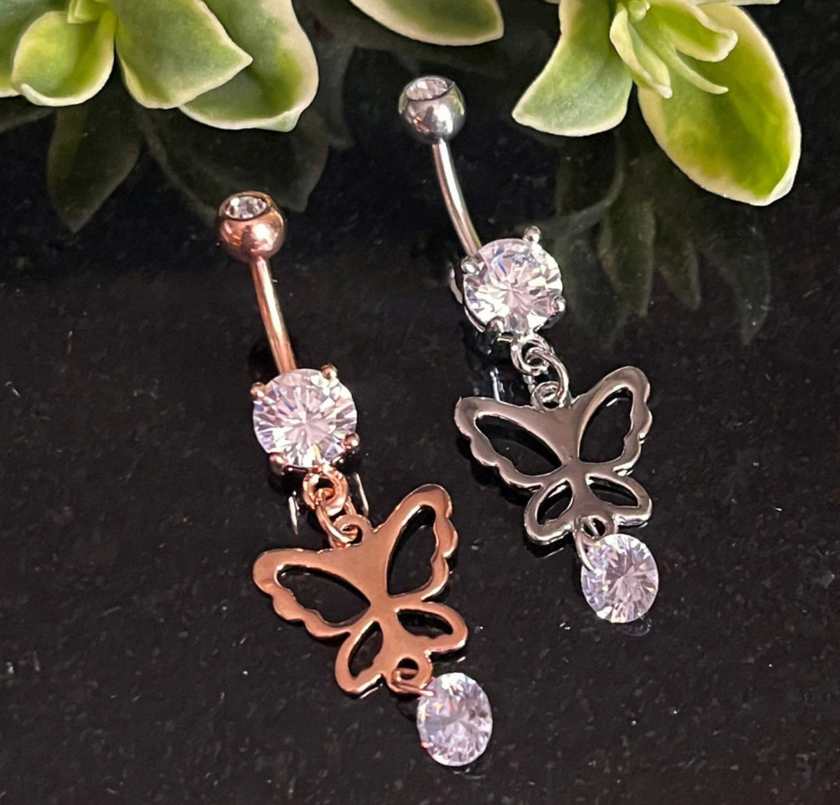1 Piece Stunning Hollow Butterfly CZ Gem Dangle Navel / Naval Belly Ring - 14g - 10mm- Silver and Gold Available!