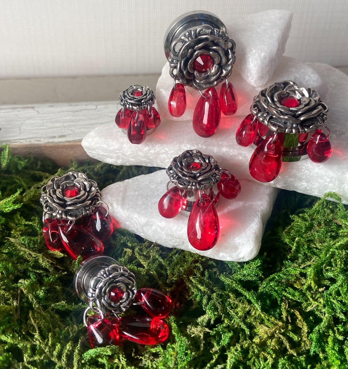 PAIR of Stunning Gem Centered Flower with Red Glass Dangles Screw Fit Plugs/Tunnels - Gauges 2g (6mm) thru 5/8" (16mm) available!