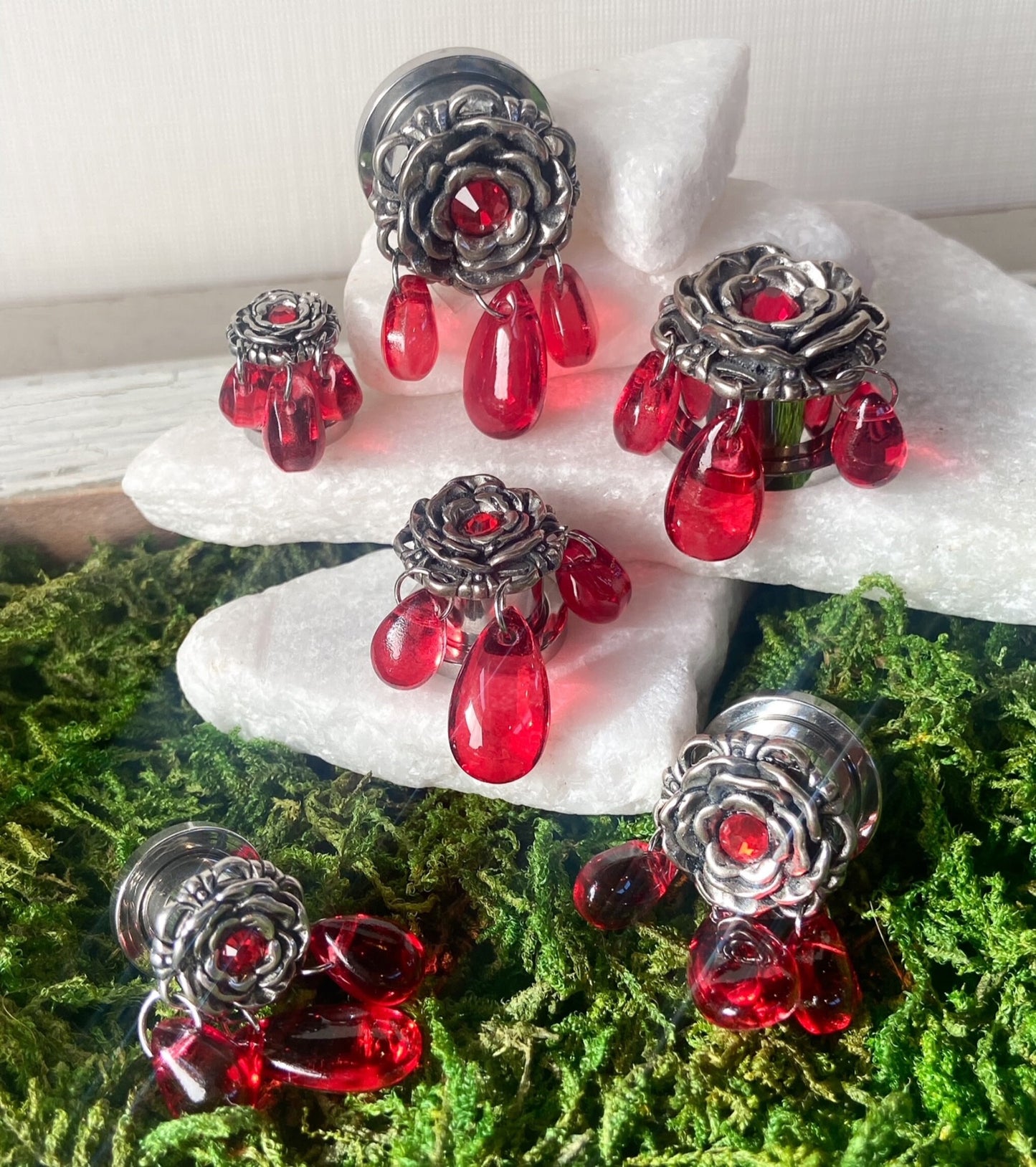 PAIR of Stunning Gem Centered Flower with Red Glass Dangles Screw Fit Plugs/Tunnels - Gauges 2g (6mm) thru 5/8" (16mm) available!