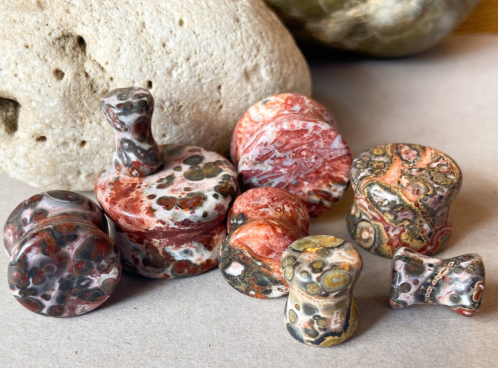 PAIR of Unique Natural Leopard Jasper Stone Double Flare Organic Plugs - Gauge 4g (5mm) thru 3/4" (19mm) Available!