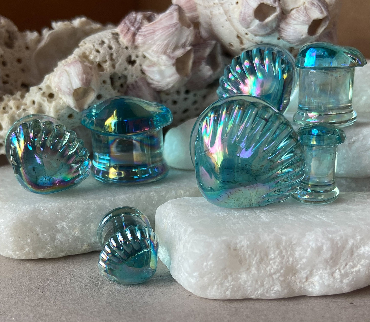 PAIR of Stunning Aurora Borealis Seashell Glass Double Flare Tunnels/Plugs - Gauges 2g (6mm) thru 5/8" (16mm) available!