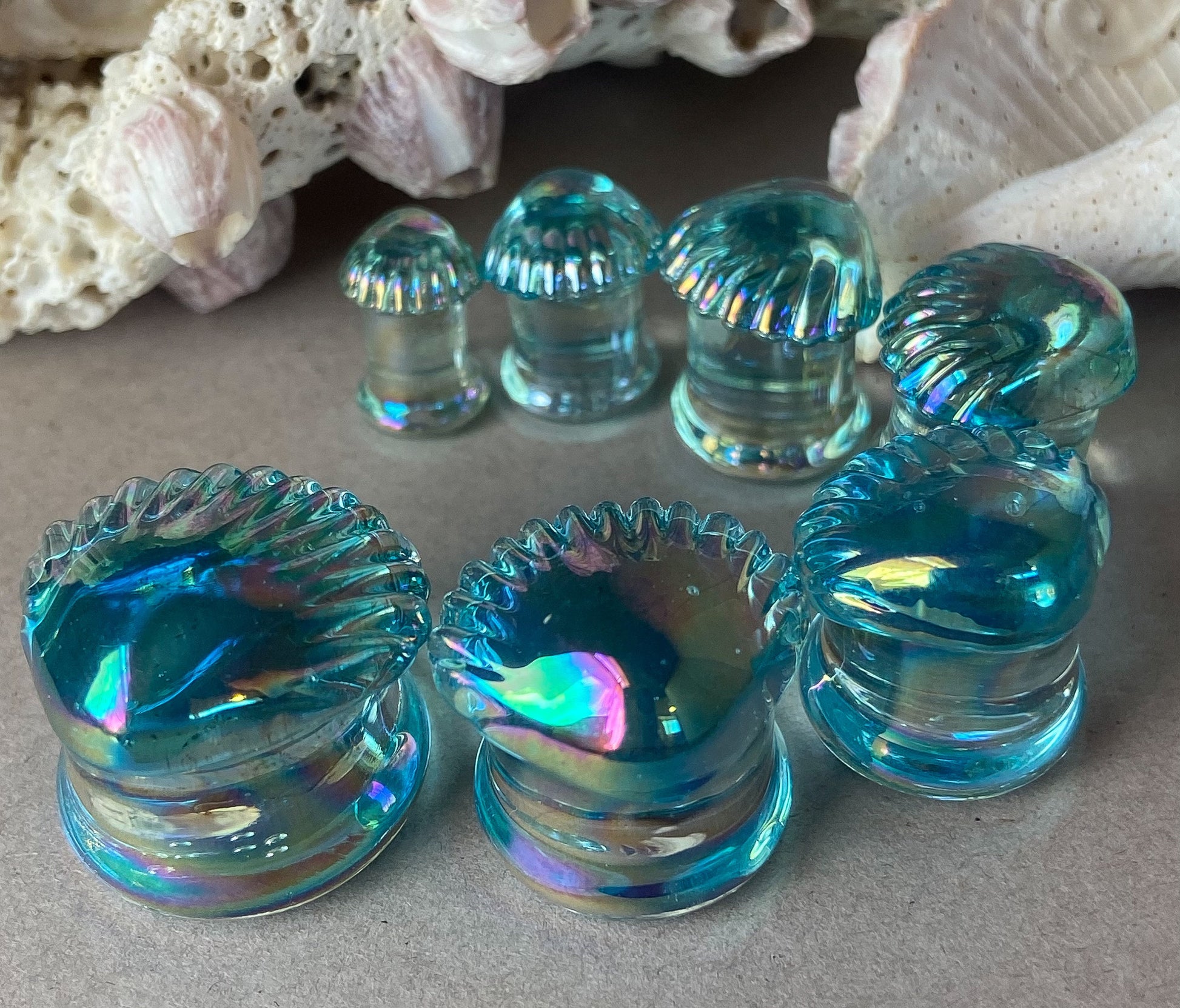 PAIR of Stunning Aurora Borealis Seashell Glass Double Flare Tunnels/Plugs - Gauges 2g (6mm) thru 5/8" (16mm) available!