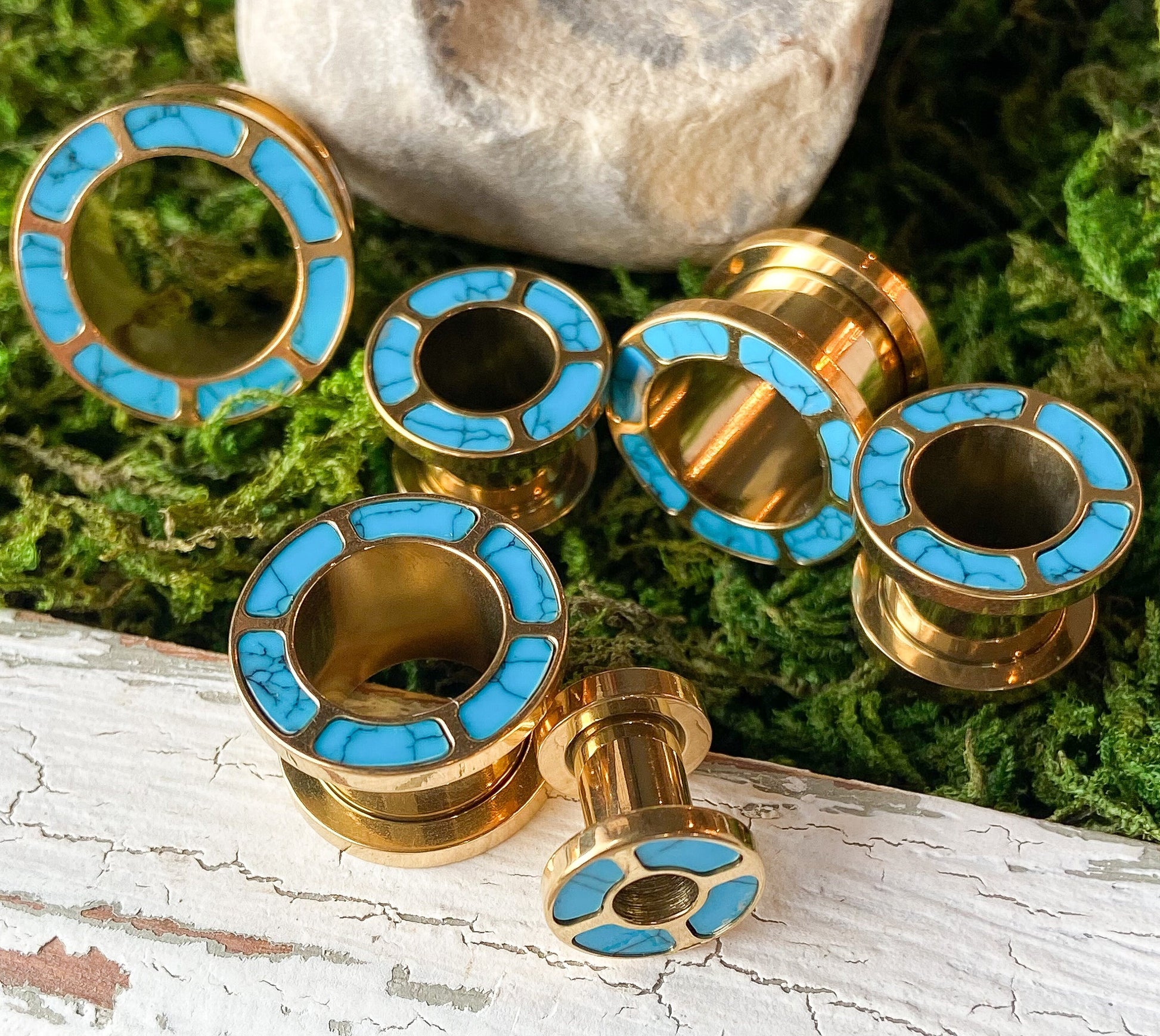 PAIR of Beautiful Turquoise Inlaid Rimmed Gold Screw Fit Tunnels/Plugs - Gauge 2g (8mm) thru 5/8" (16mm) available!