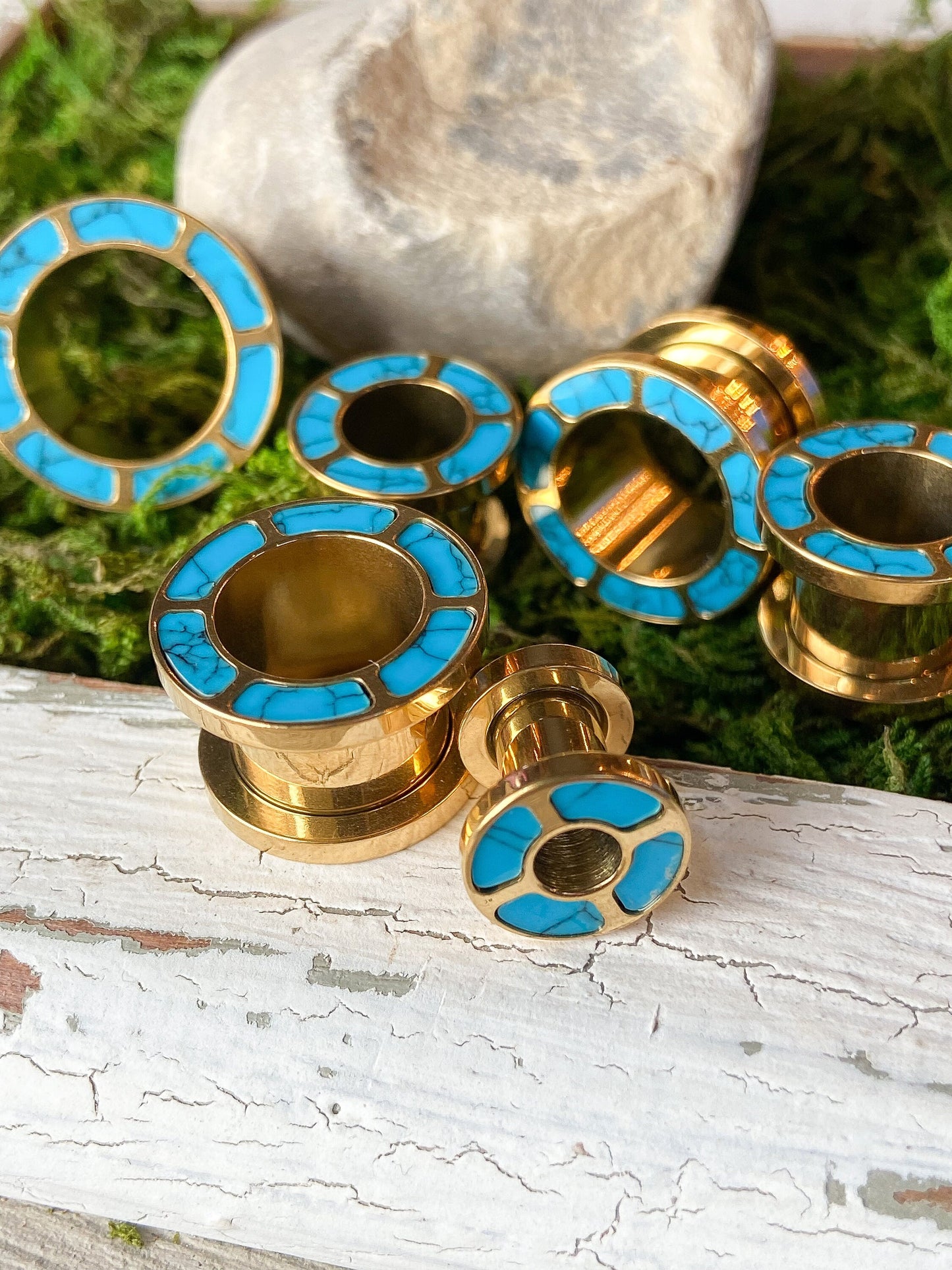 PAIR of Beautiful Turquoise Inlaid Rimmed Gold Screw Fit Tunnels/Plugs - Gauge 2g (8mm) thru 5/8" (16mm) available!