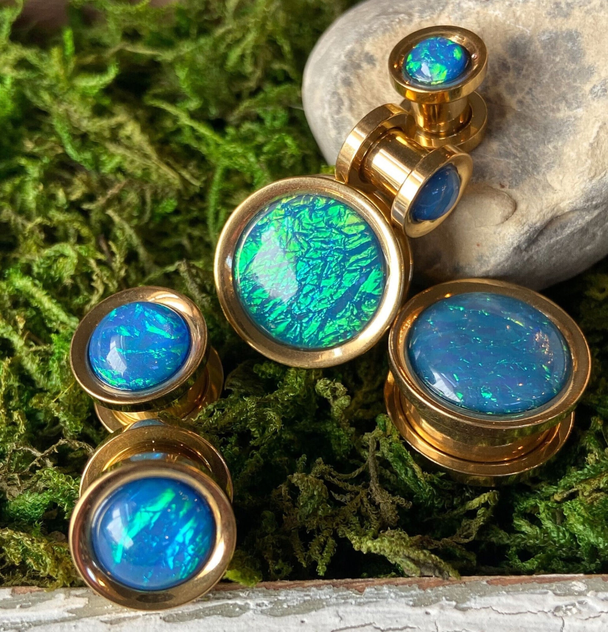 PAIR of Stunning Synthetic Blue Opal Gold Screw Fit Tunnels/Plugs - Gauges 2g (6mm) thru 5/8" (16mm) available!