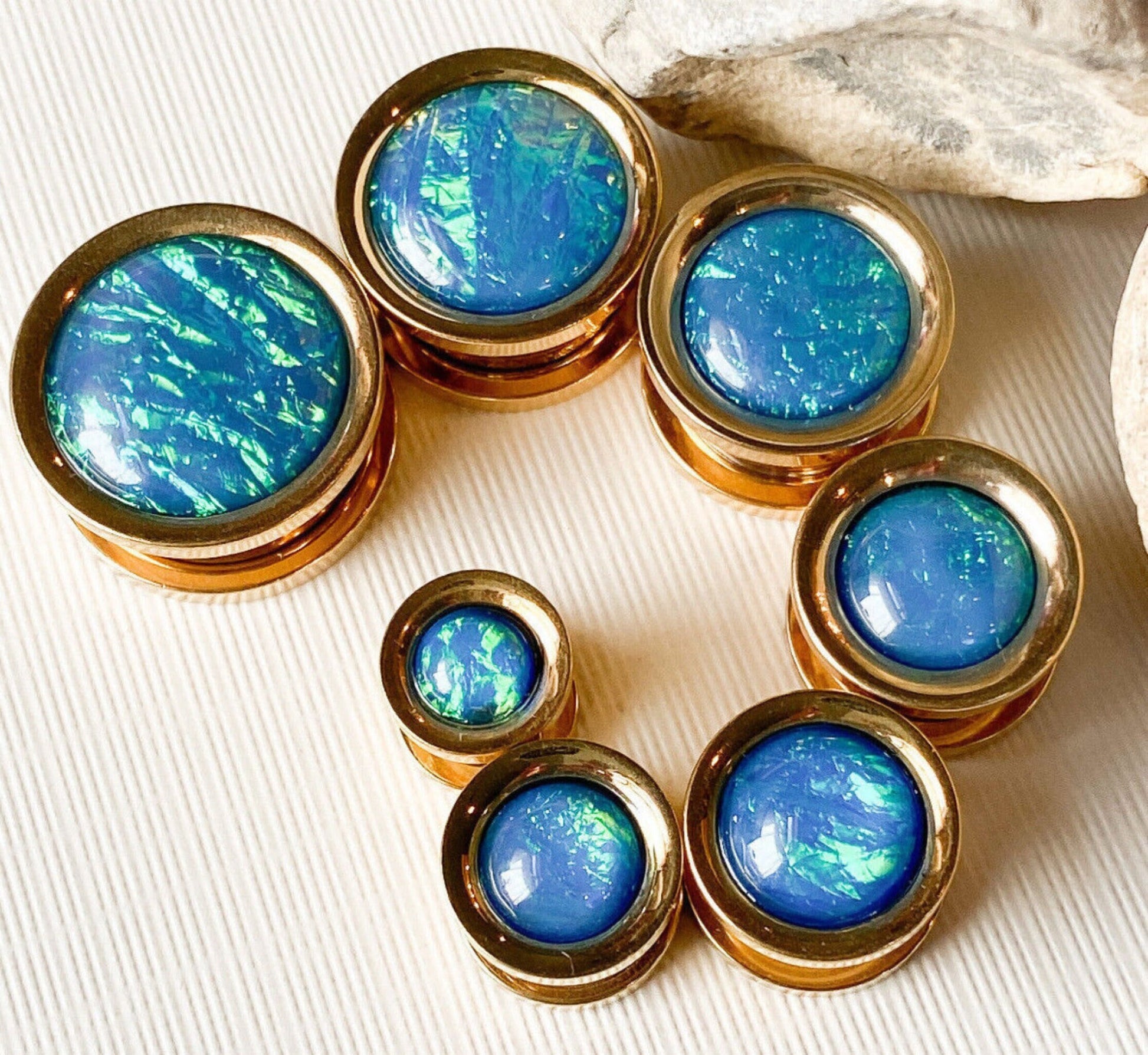 PAIR of Stunning Synthetic Blue Opal Gold Screw Fit Tunnels/Plugs - Gauges 2g (6mm) thru 5/8" (16mm) available!