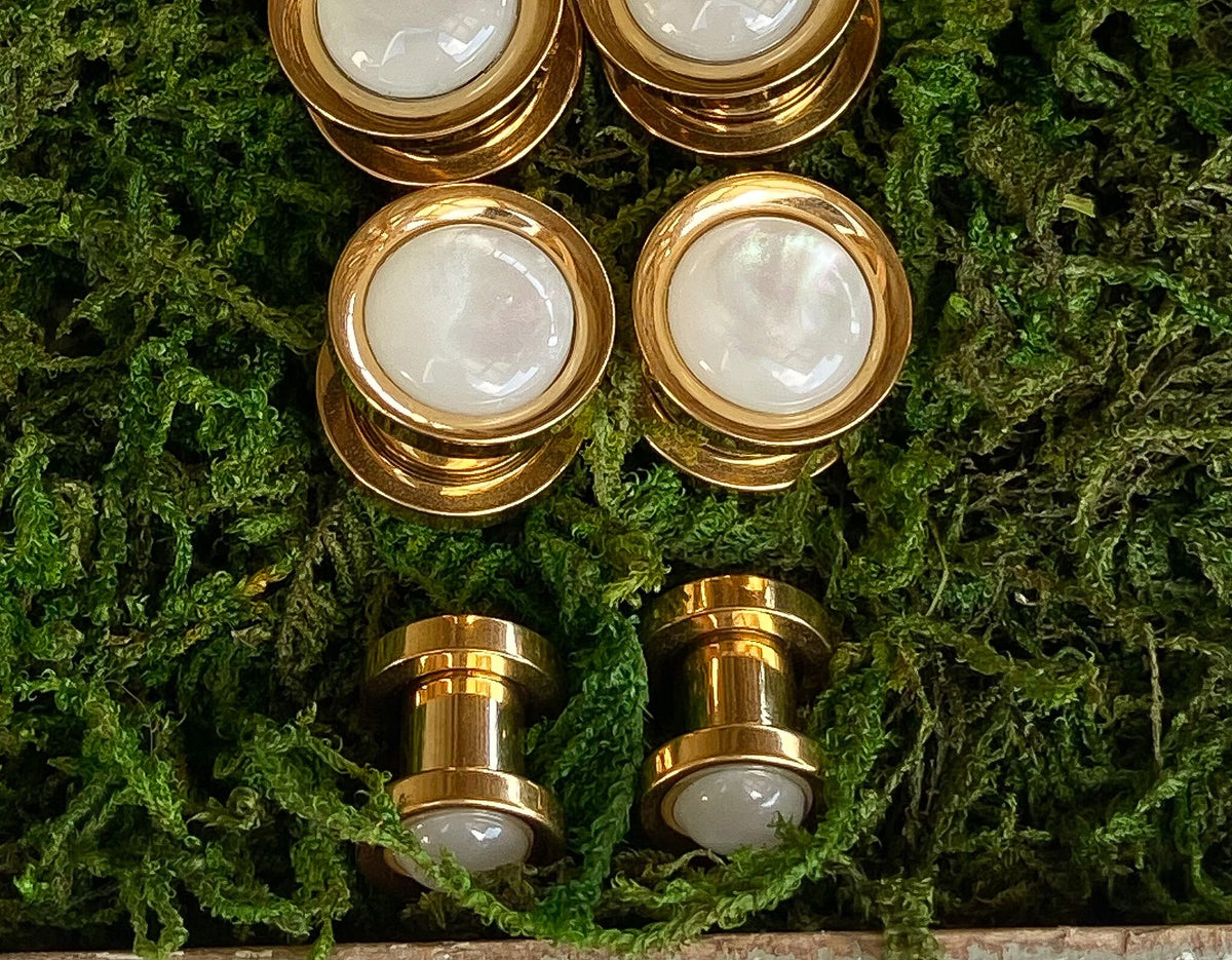 PAIR of Stunning Synthetic White Pearl Gold Screw Fit Tunnels/Plugs - Gauges 2g (6mm) thru 5/8" (16mm) available!