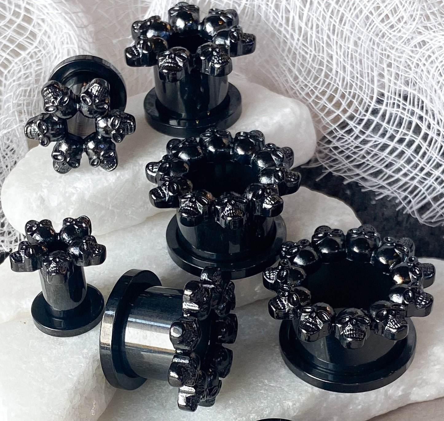 PAIR of Unsual Black Skull Rimmed Gothic Screw Fit Tunnels / Plugs - Gauges 2g (6mm) thru 5/8" (16mm) available!
