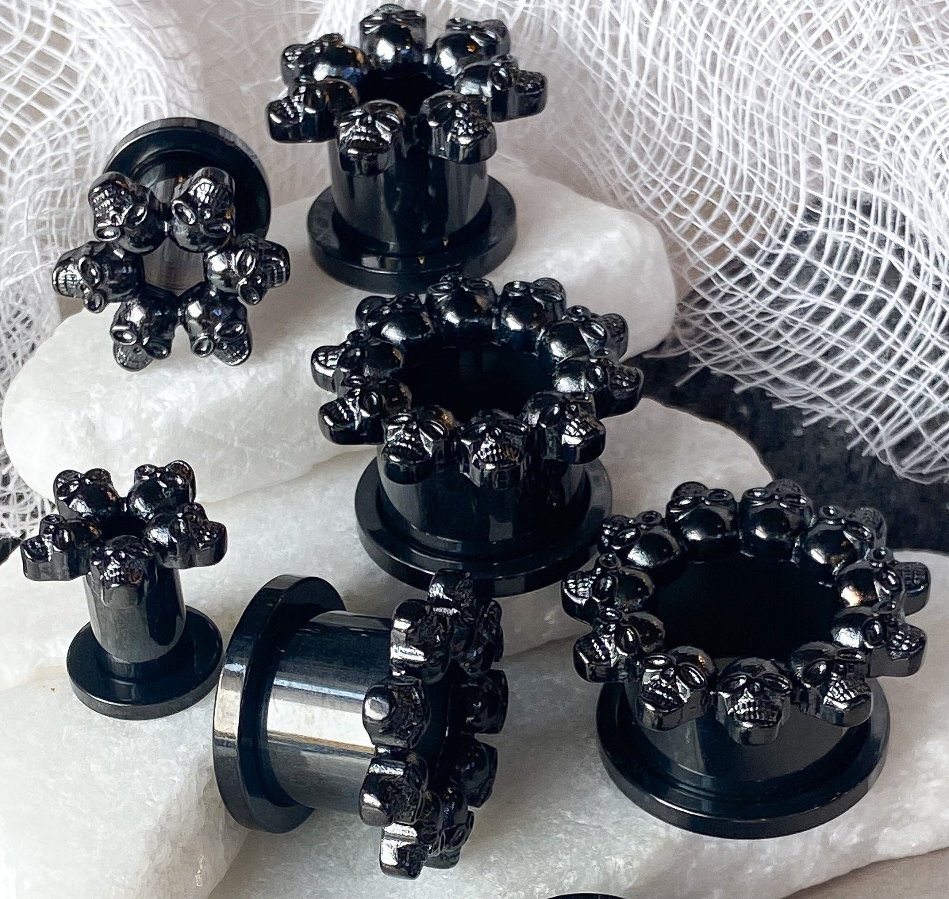 PAIR of Unsual Black Skull Rimmed Gothic Screw Fit Tunnels / Plugs - Gauges 2g (6mm) thru 5/8" (16mm) available!