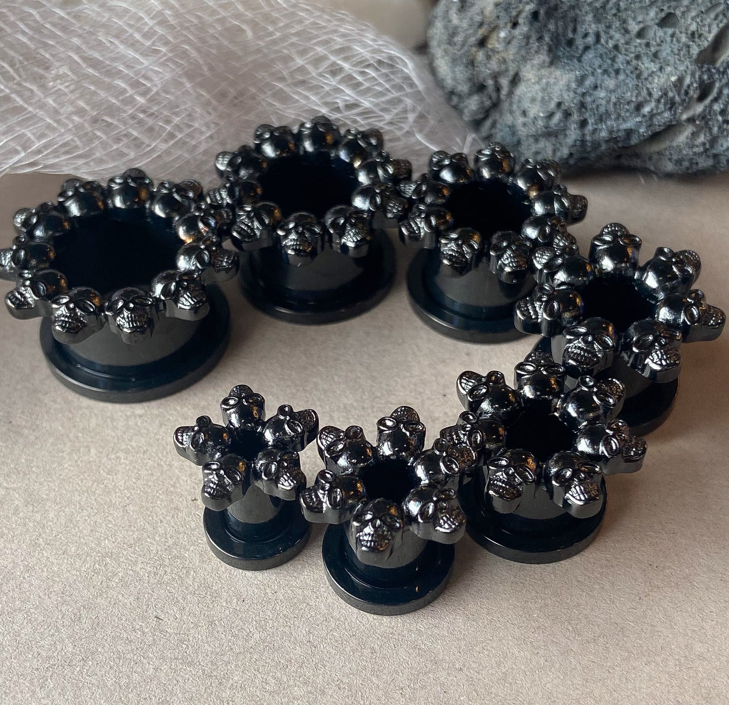 PAIR of Unsual Black Skull Rimmed Gothic Screw Fit Tunnels / Plugs - Gauges 2g (6mm) thru 5/8" (16mm) available!