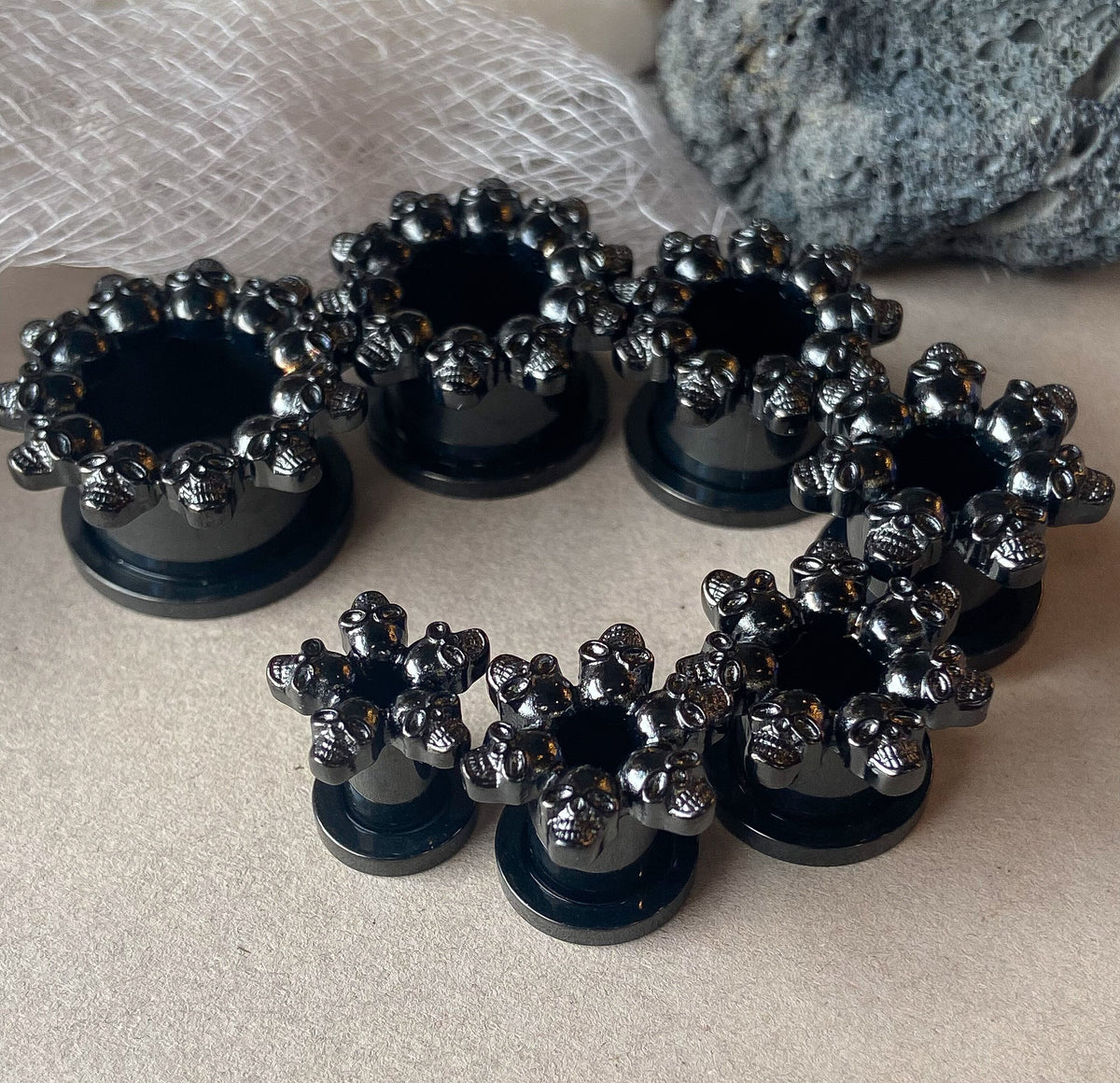 PAIR of Unsual Black Skull Rimmed Gothic Screw Fit Tunnels / Plugs - Gauges 2g (6mm) thru 5/8" (16mm) available!