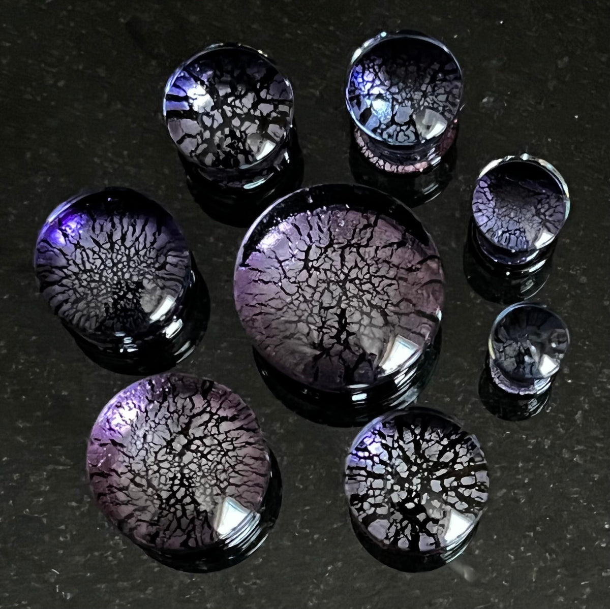 PAIR of Stunning Purple & Black Fracture Design Glass Double Flare Plugs - Gauges 2g (6mm) through 3/4" (19mm) available!