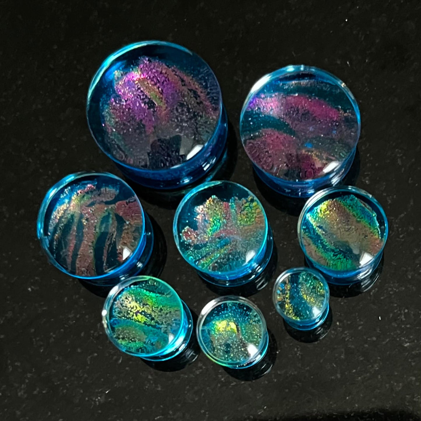 PAIR of Beautiful Light Blue Dichroic Glass Double Flare Plugs - Gauges 2g (6mm) through 3/4" (19mm) available!