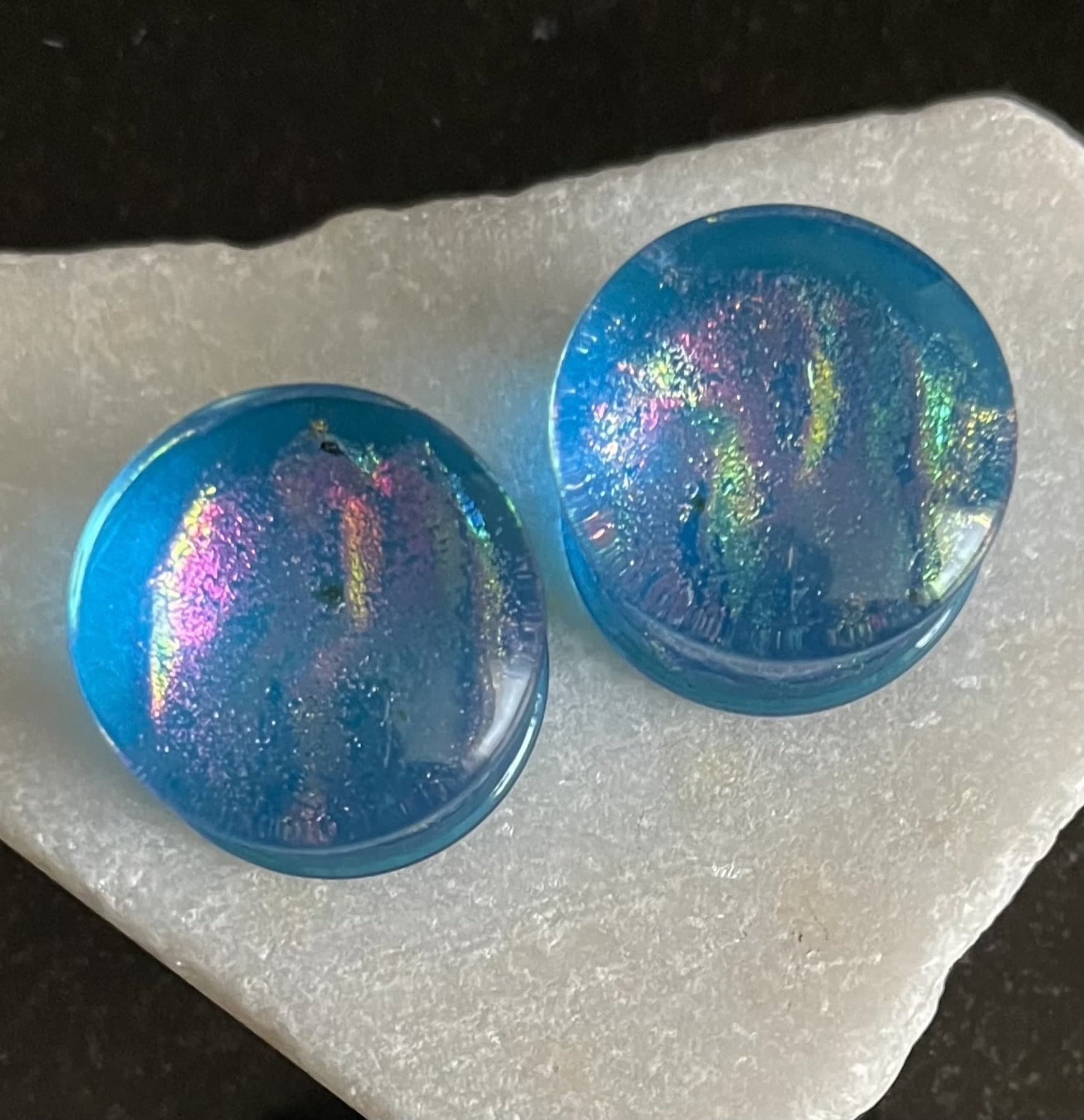 PAIR of Beautiful Light Blue Dichroic Glass Double Flare Plugs - Gauges 2g (6mm) through 3/4" (19mm) available!