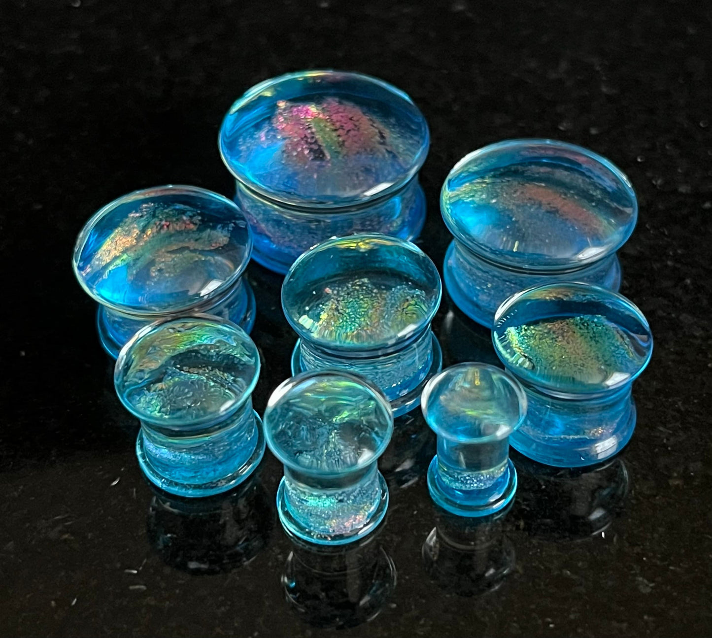 PAIR of Beautiful Light Blue Dichroic Glass Double Flare Plugs - Gauges 2g (6mm) through 3/4" (19mm) available!