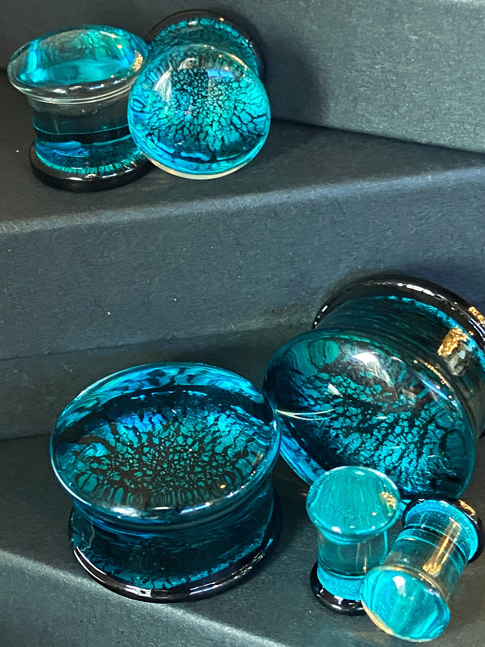 PAIR of Beautiful Aqua & Black Fracture Design Glass Double Flare Plugs - Gauges 2g (6mm) through 3/4" (19mm) available!