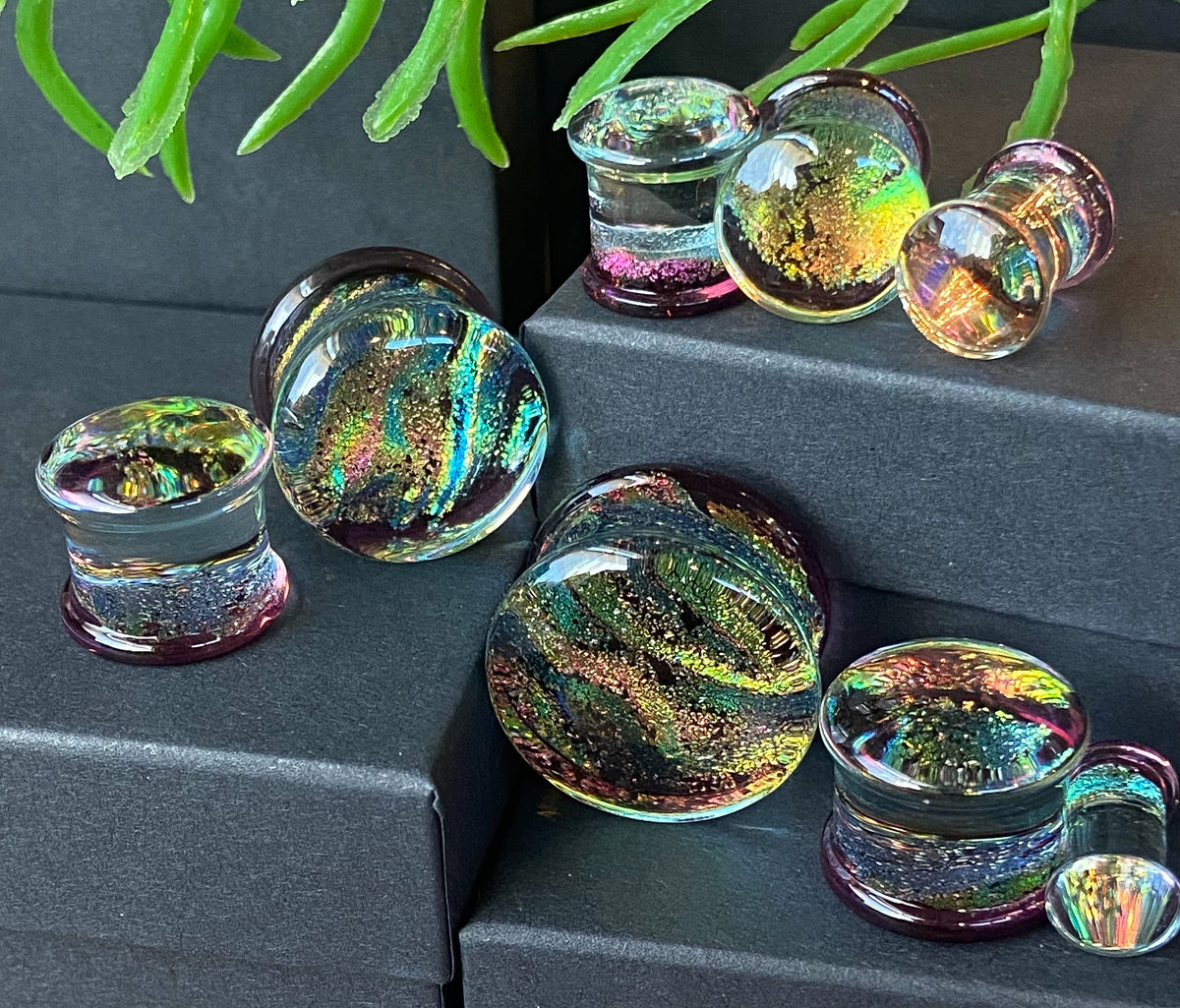 PAIR of Unique Purple Dichroic Glass Double Flare Plugs - Gauges 2g (6mm) through 3/4" (19mm) available!