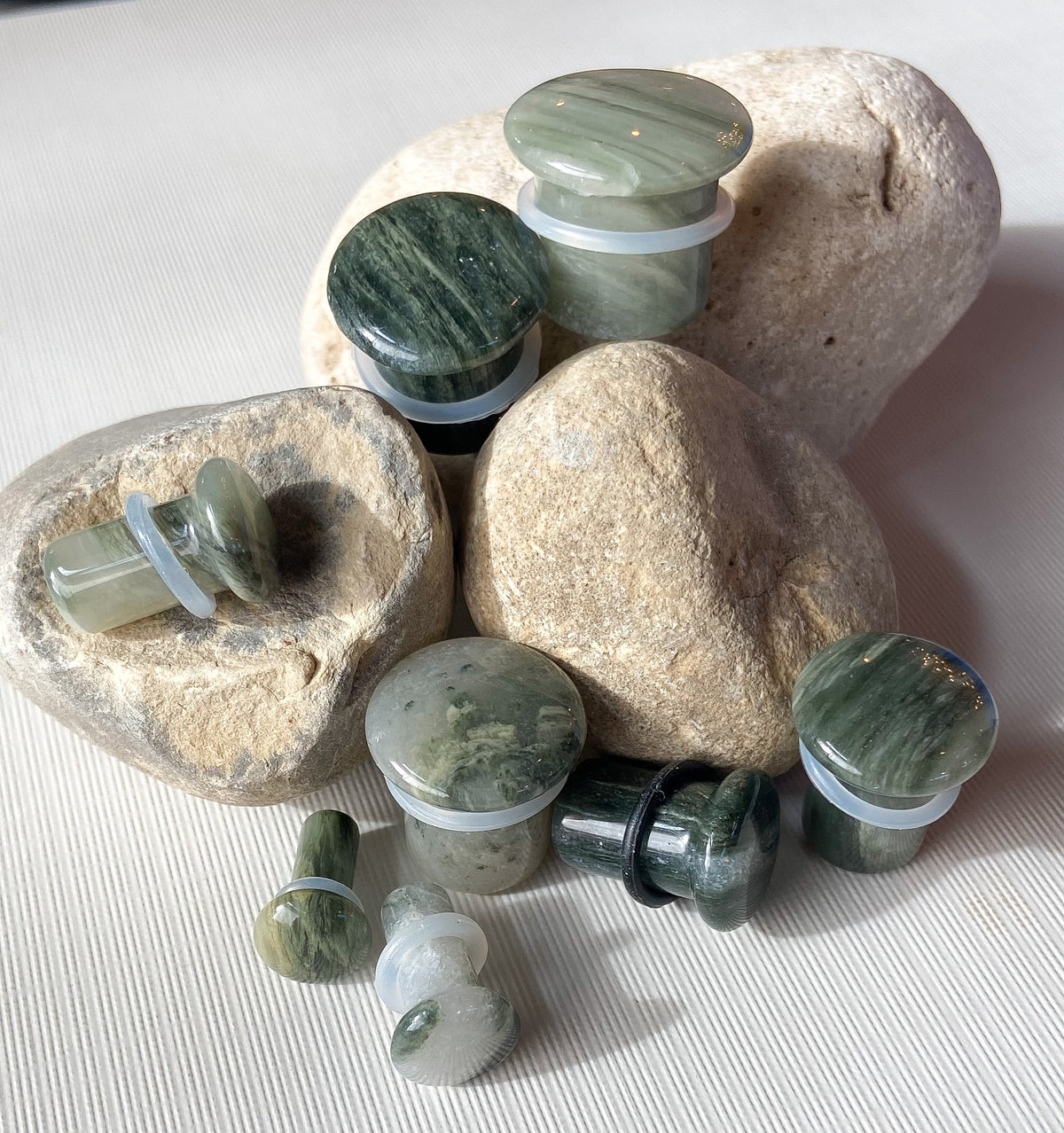 PAIR of Beautiful Organic Single Flare Green Jasper Stone Plugs with O-Rings - Gauges 4g (5mm) up to 5/8" (16mm) available!