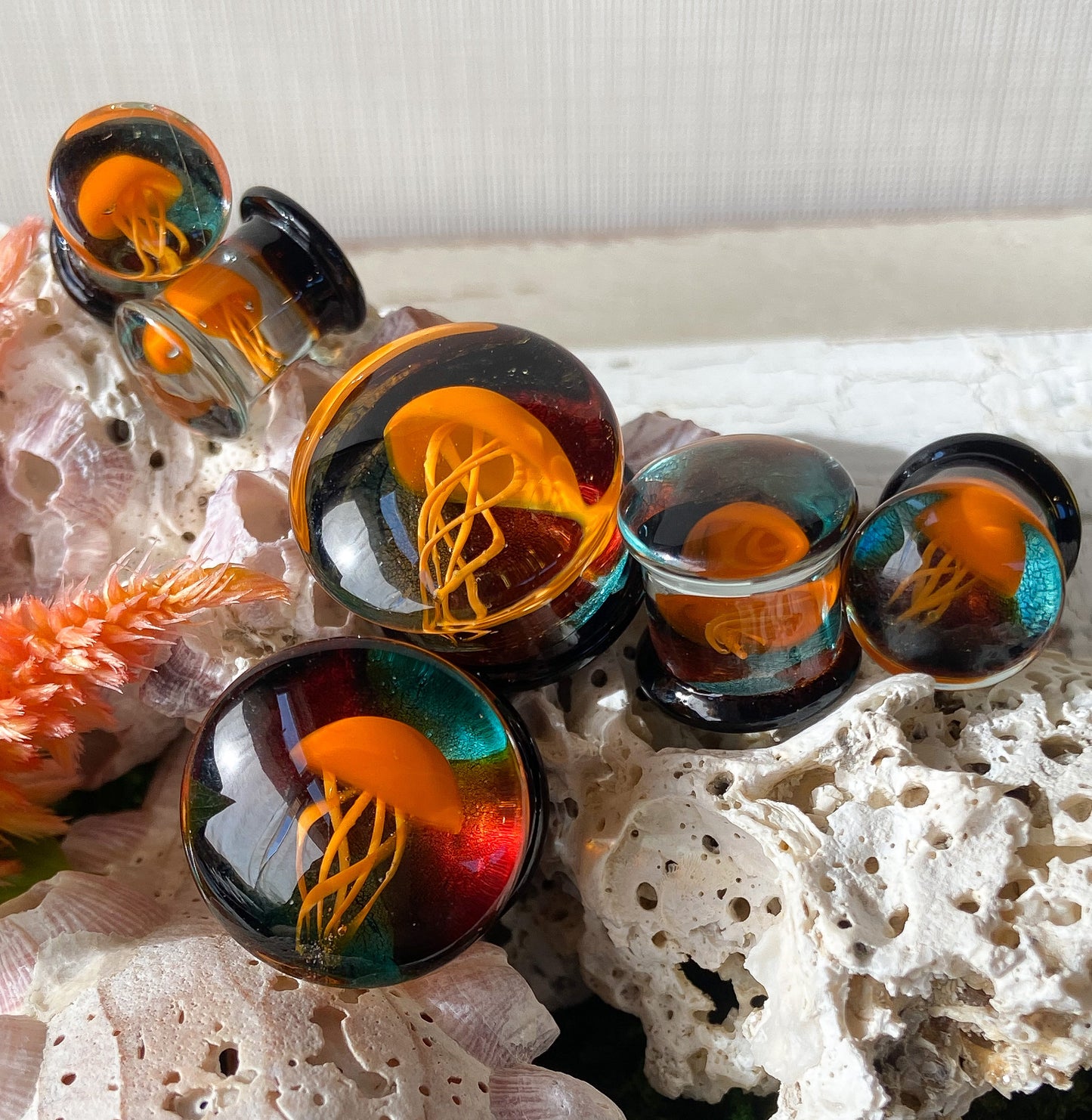 PAIR of Unique Floating Orange Jellyfish Pyrex Glass Double Flare Plugs -Gauges 0g (8mm) through 5/8" (16mm) available!